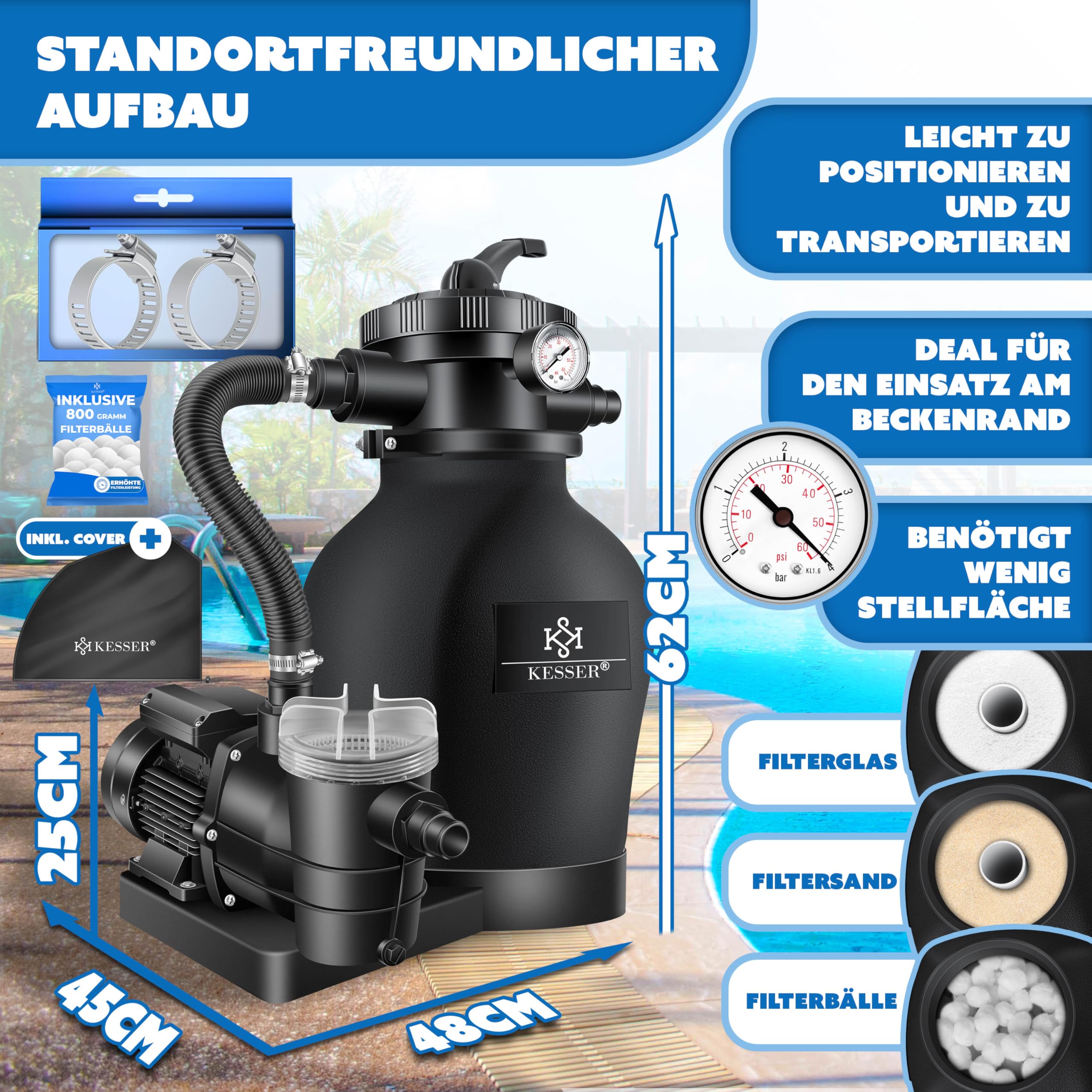 KESSER® Sandfilteranlage für Pool bis zu 60.000L, 10.200 L/h, 400W Pumpe, 20L Tank, 7-Wege-Ventil mit Druckanzeige mit 800g Filterbälle, Poolfilter 10 m³/h mit Adapter Ø32–38mm & Wettercover, Schwarz