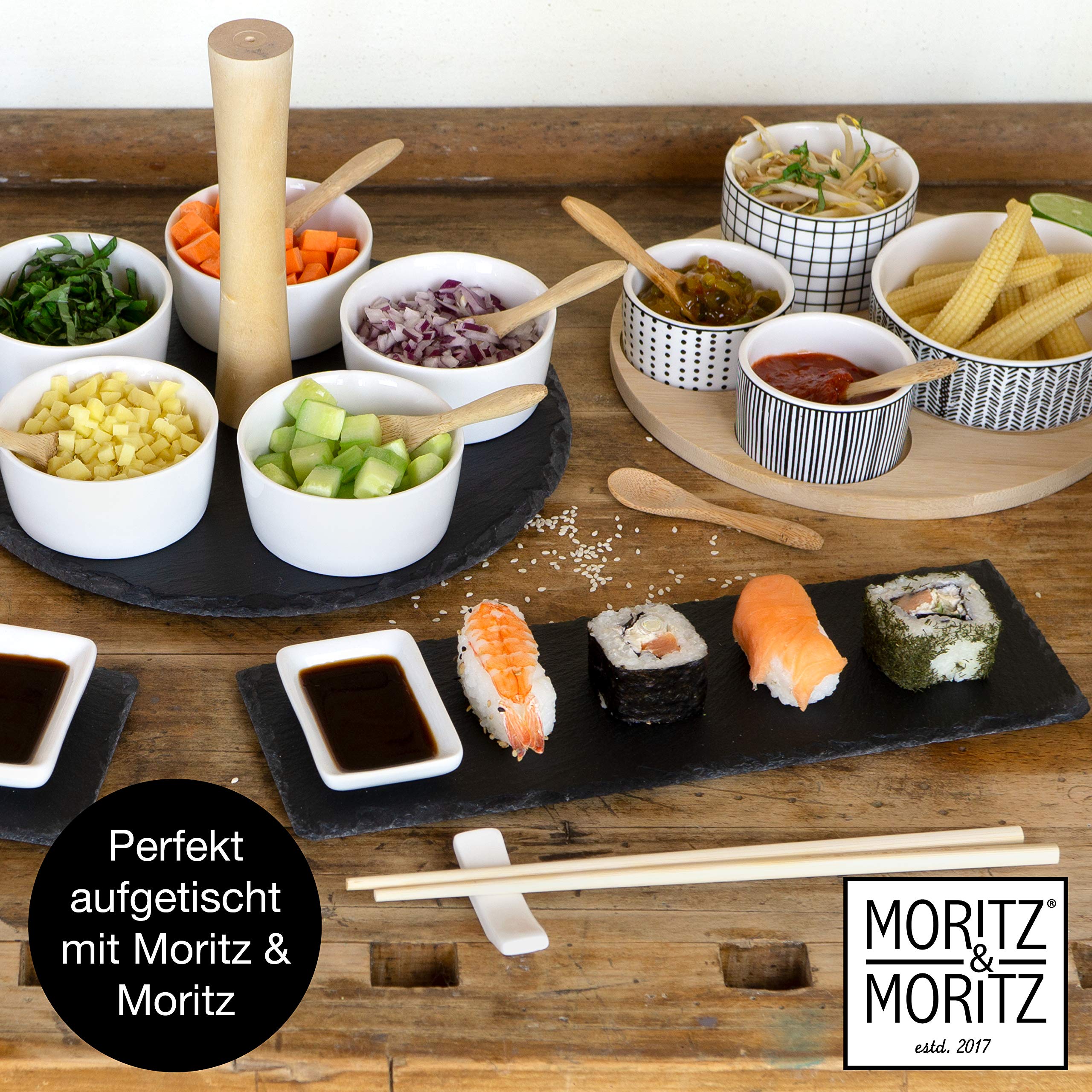 Moritz & Moritz 10-TLG. Sushi Platte Schiefer mit Dipschalen für 2 Personen - 30x10 cm - Sushi Geschirr Schieferplatten mit Stäbchen Ablagebänkchen Dipschalen Schiefertellern