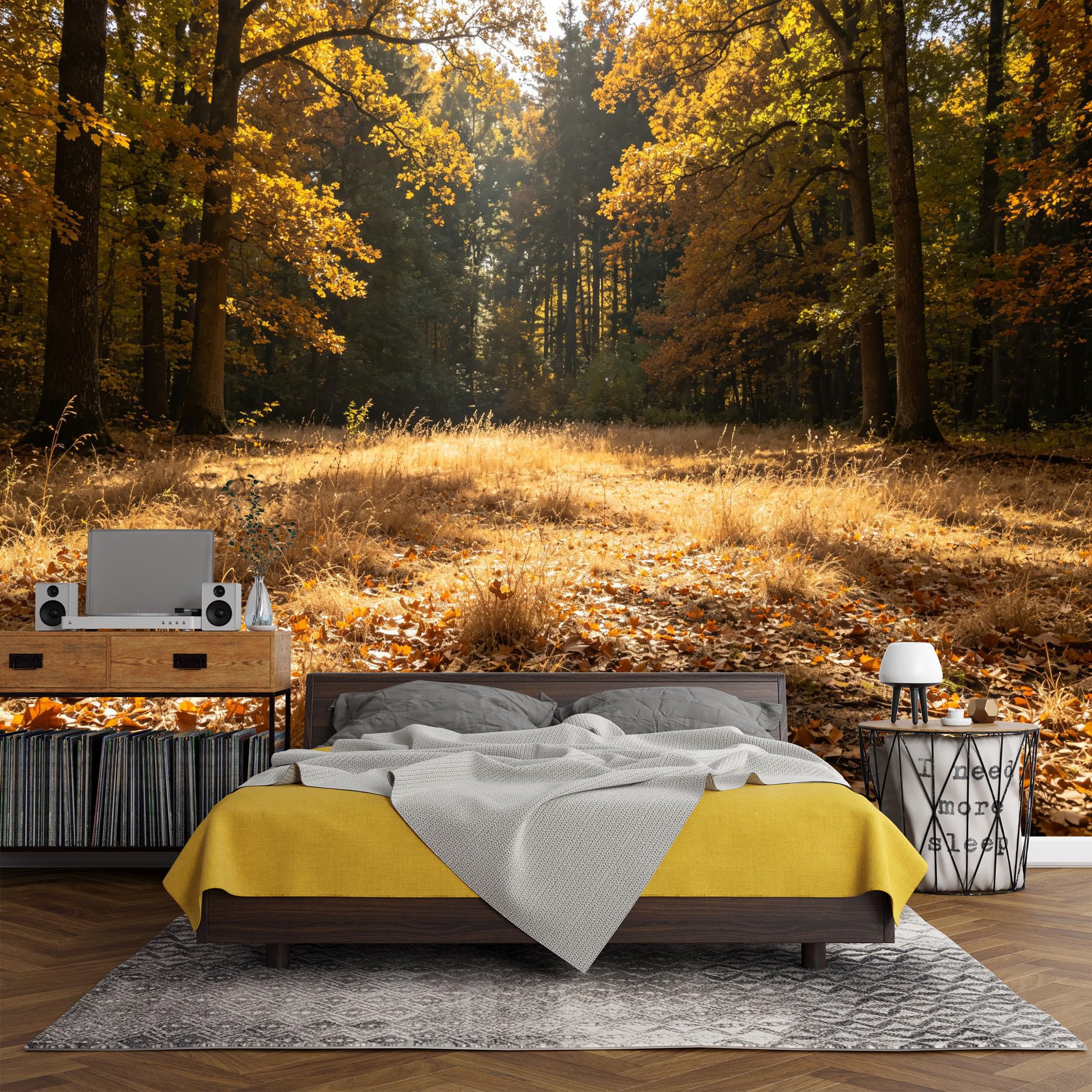Custom Size Wall Mural， Autumn Forest Landscape Golden Foliage Sunlight Meadow Woodland Nature Scene， SelfAdhesive Art Prints wall Fabric (No PVC) Removable Wallpaper Living Room Decor