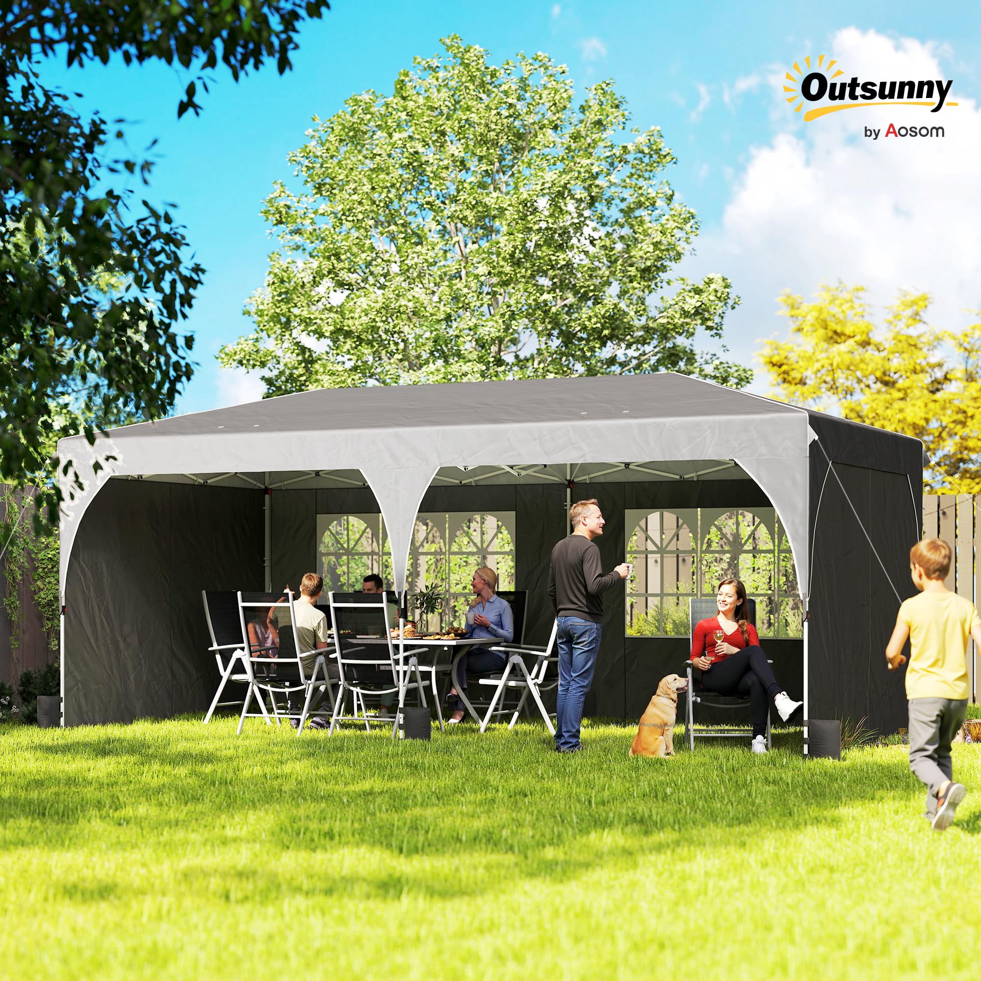 Outsunny Carpa Plegable 3x6 m Pop-up con 4 Laterales Extraíbles Gris | Cenador de Jardín, Tiras Reflectantes, Altura Ajustable, Sistema Central de Bloqueo, UPF50+, Impermeable, Bolsa Transporte