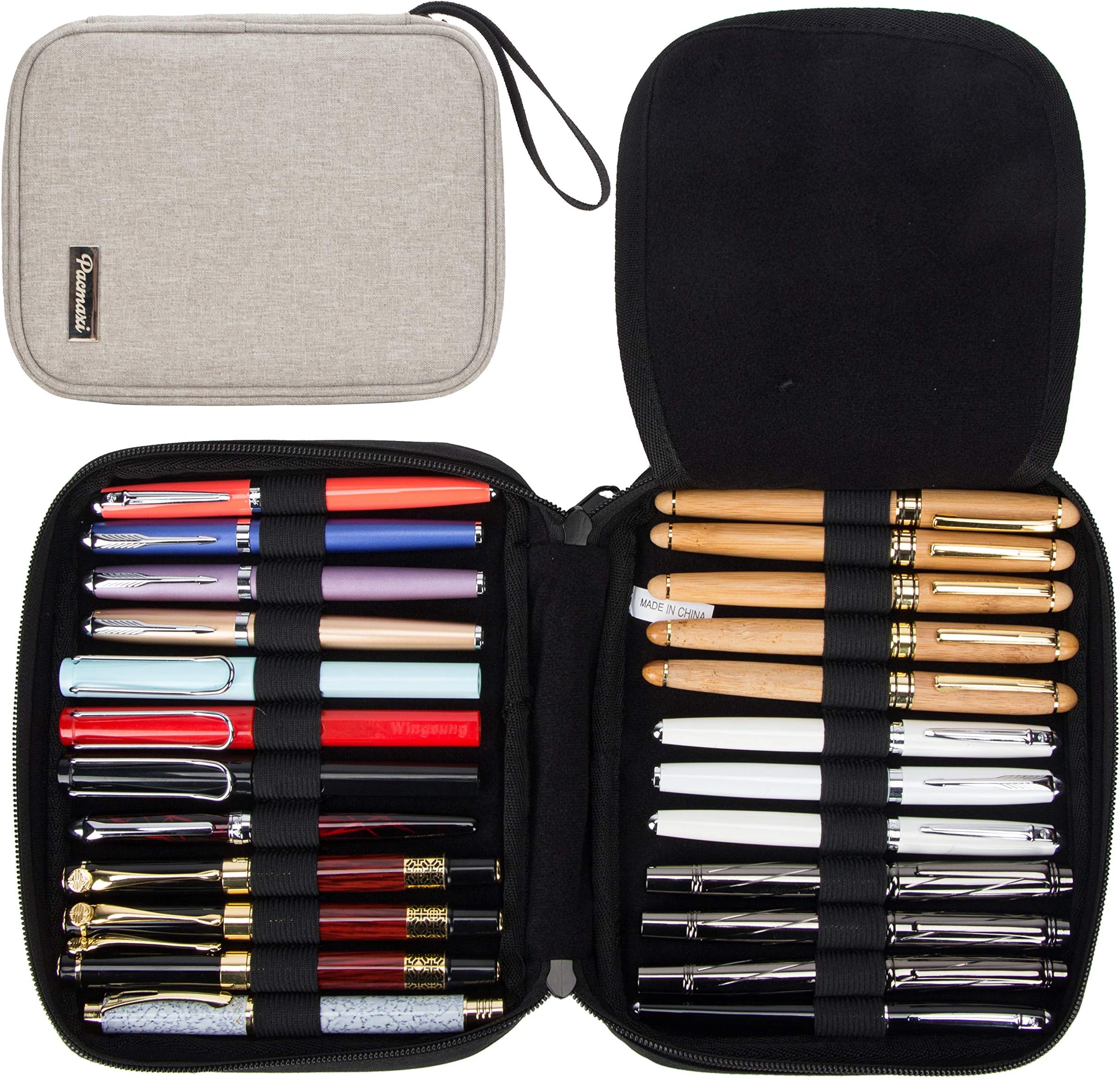 24 Fountain Pen Collector Organizer, Rollerball Pen Display Case Storage, Pencil Case Holder Bag, Ballpoint Pen Carrying Box Bag Storage (Grey1)