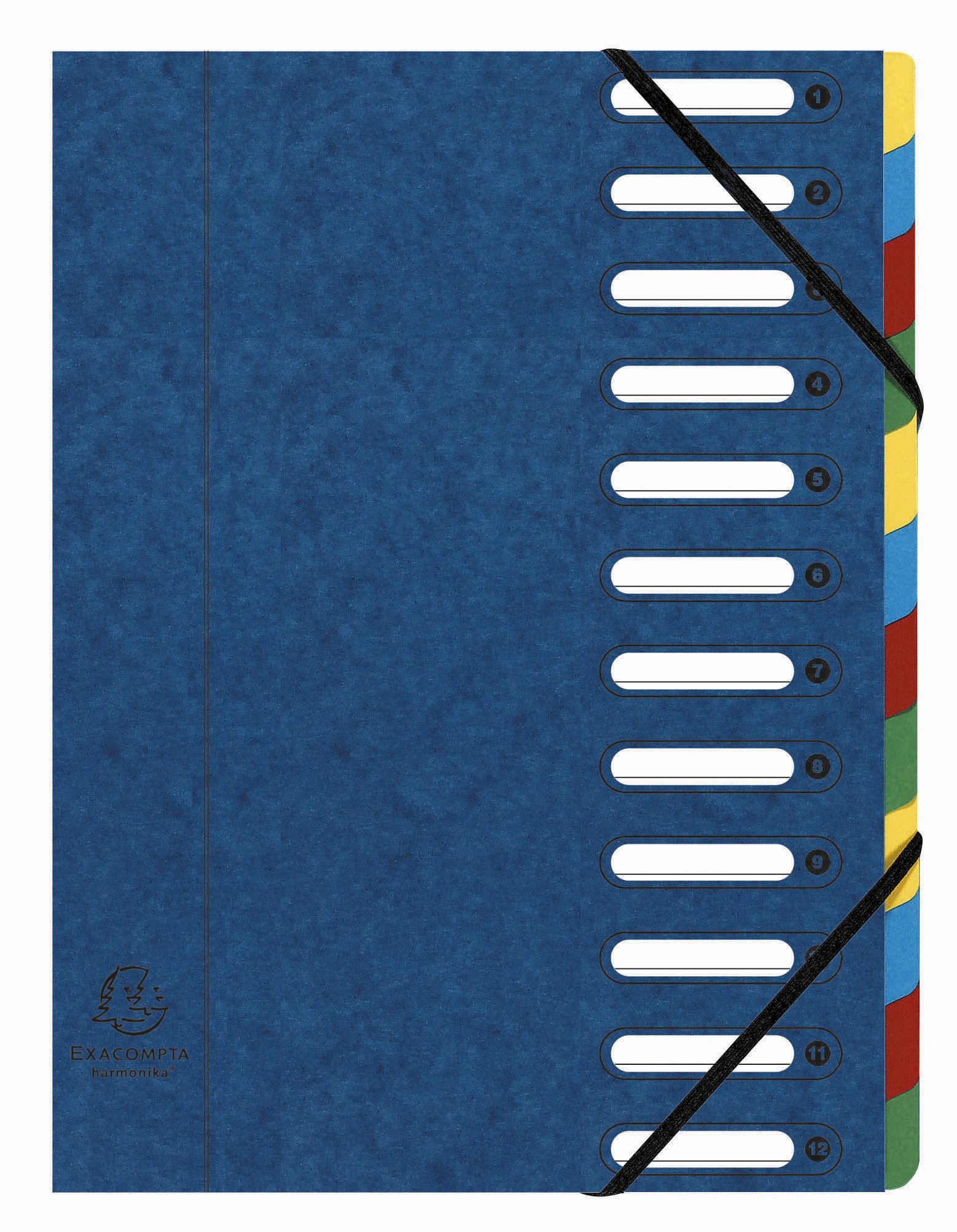 Exacompta 55122E 6er Pack Premium Ordnungsmappe Harmonika. Aus extra starkem Colorspan-Karton DIN A4 12 Fächer und 2 Gummizüge mit Indexfenster und dehnbarem Rücken Register-Mappe blau