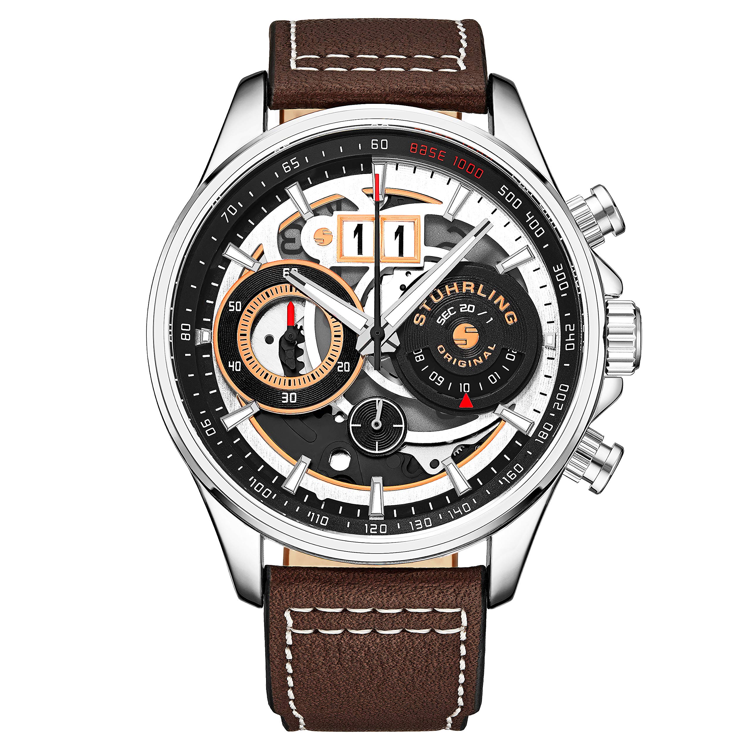 Stuhrling Original Mens Chronograph Aviator Watch Skeleton Pilot Watch  with Tachymeter and Leather Strap Dress Watches Ace Aviator 45mm Watch,  Brown
