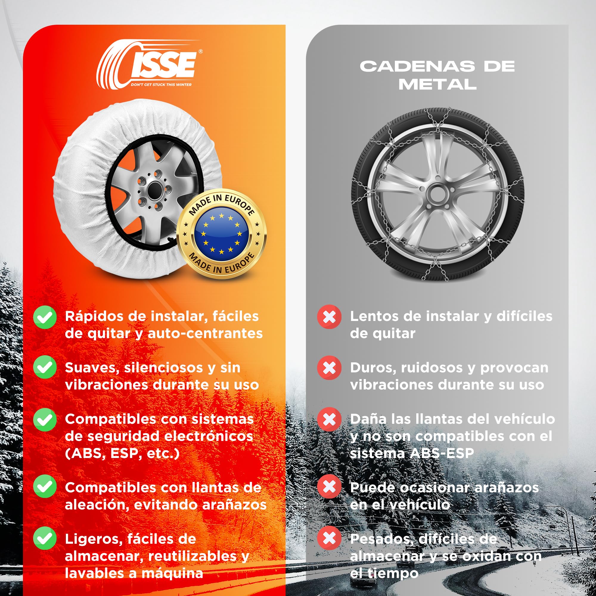 ISSE Super T-74 | Cadenas Coche Nieve Textil Homologadas - Cadenas para Autos de Uso Diario en Nieve y Hielo - Kit de 2 Cadenas Coche Nieve Universales + Guantes
