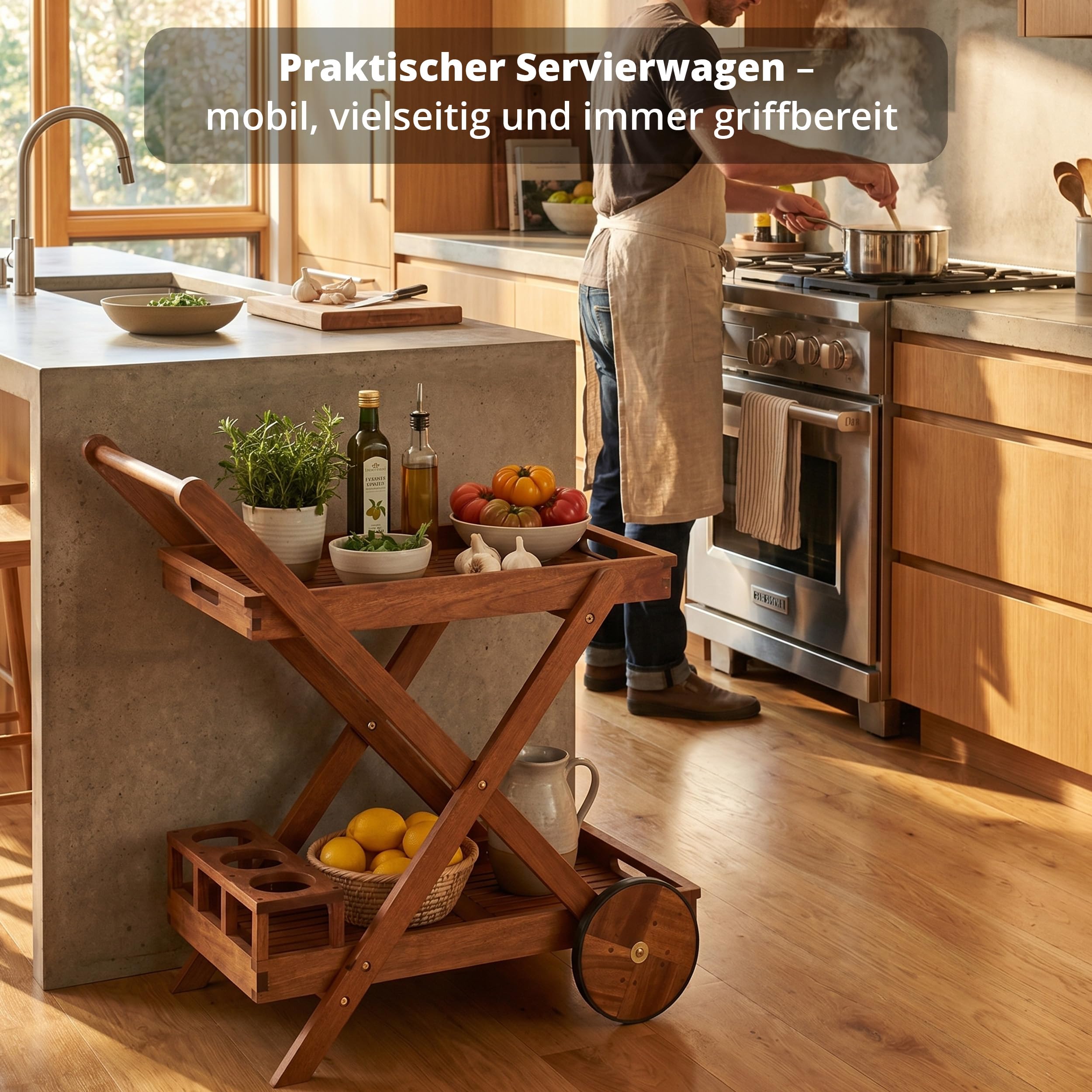 KHG Servierwagen aus Akazie-Massivholz braun auf Rollen, 2 Ablagen, obere als Tablett nutzbar, Flaschenhalter wetterfest geölt 51x76x81,5 cm