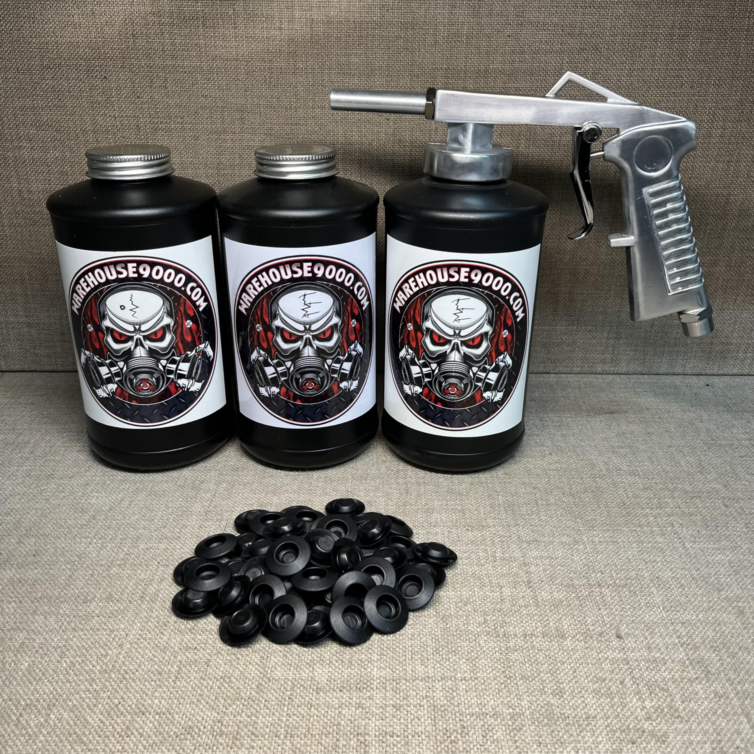 Standard Economy Undercoating Spray Gun, 3 Black Quart Bottles, and 50 Rust Plugs