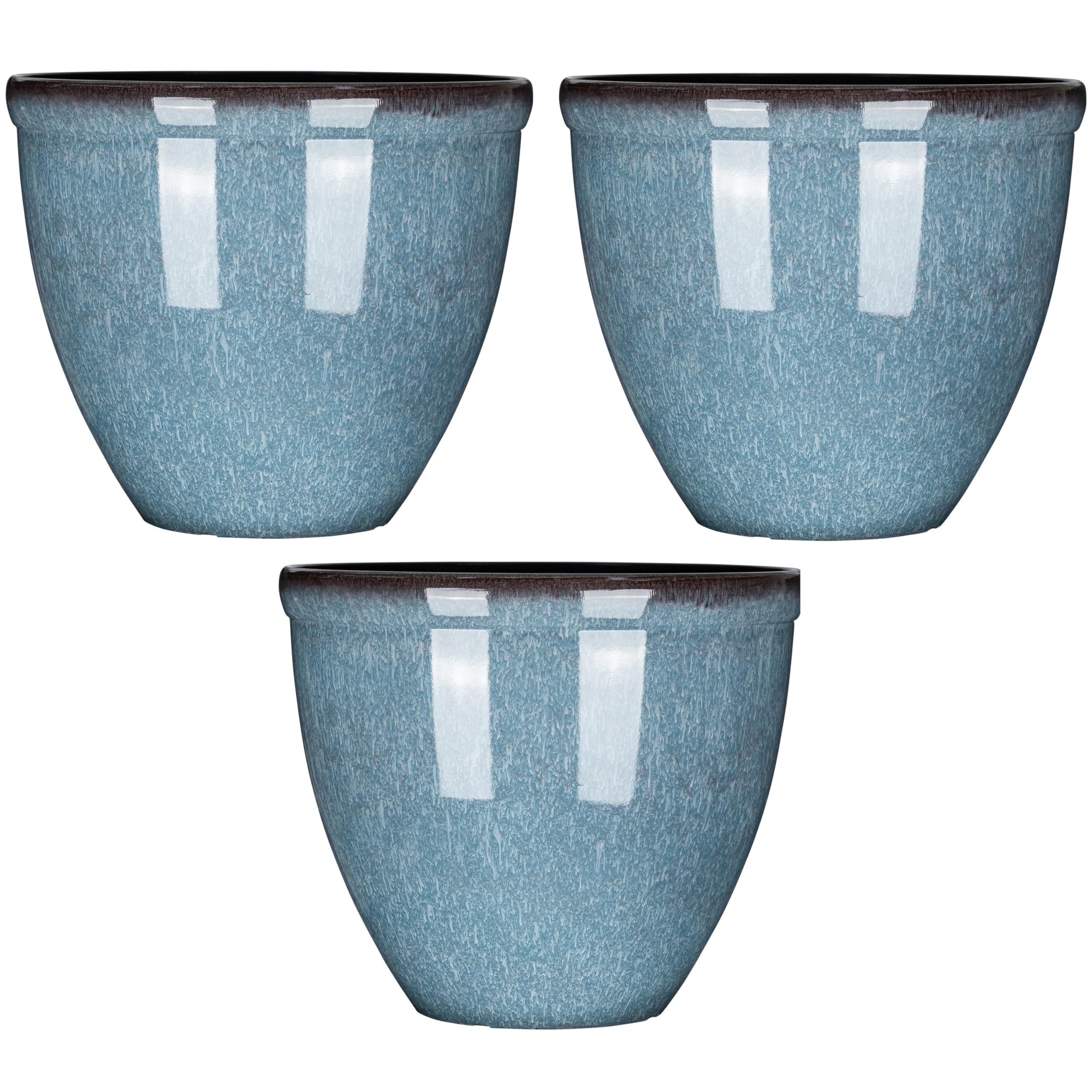 Garden Gear Glazed Effect Planter 39.5cm - Bell Shape - Blue - 3 Pack - Frost & UV Resistant