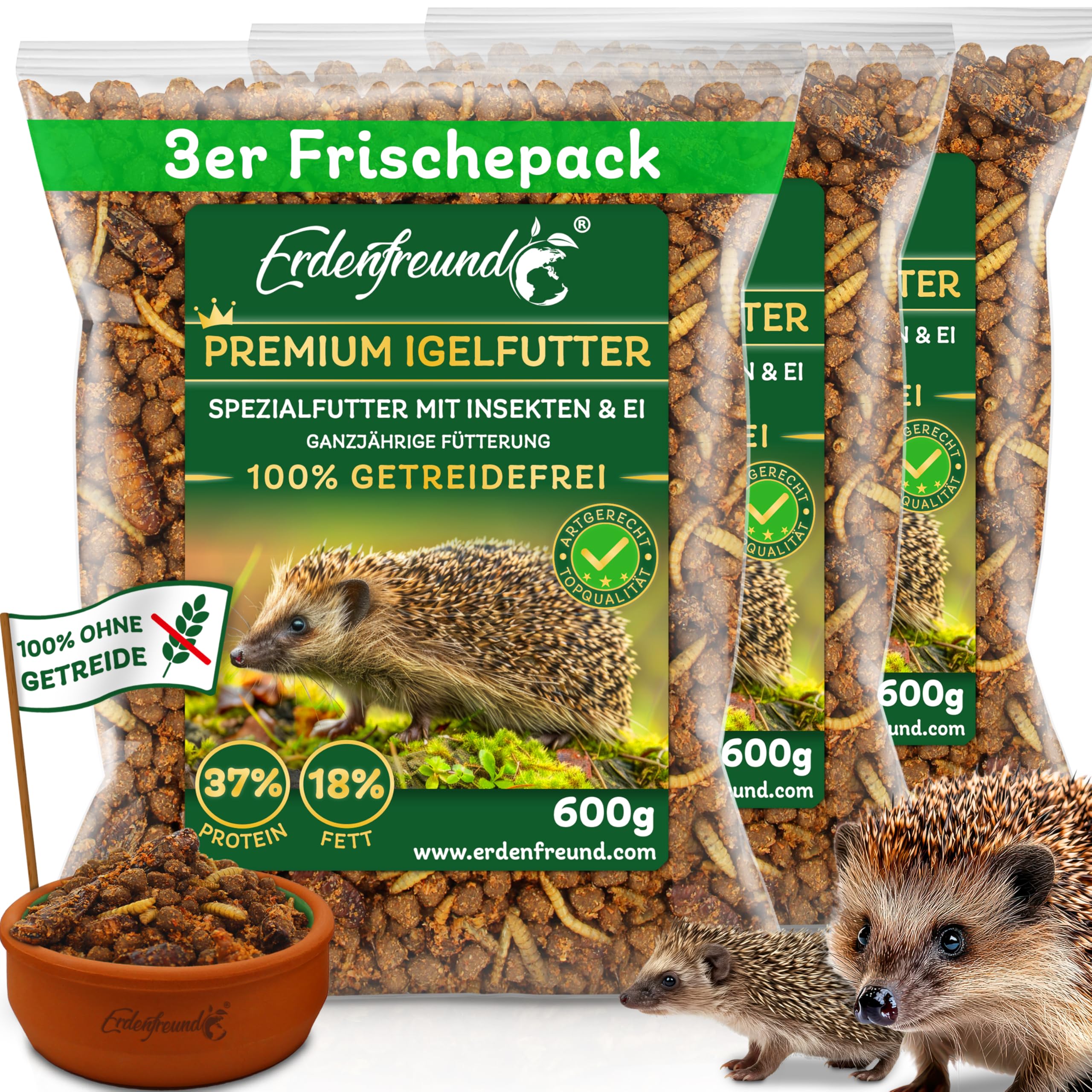 ERDENFREUND® Premium Igelfutter 100% getreidefrei 3x600g Ganzjahres-Alleinfutter für Igel mit Insekten vollwertig verdaulich nährstoffreich (3x600g Frischepacks = 1800g Premium Igelfutter)