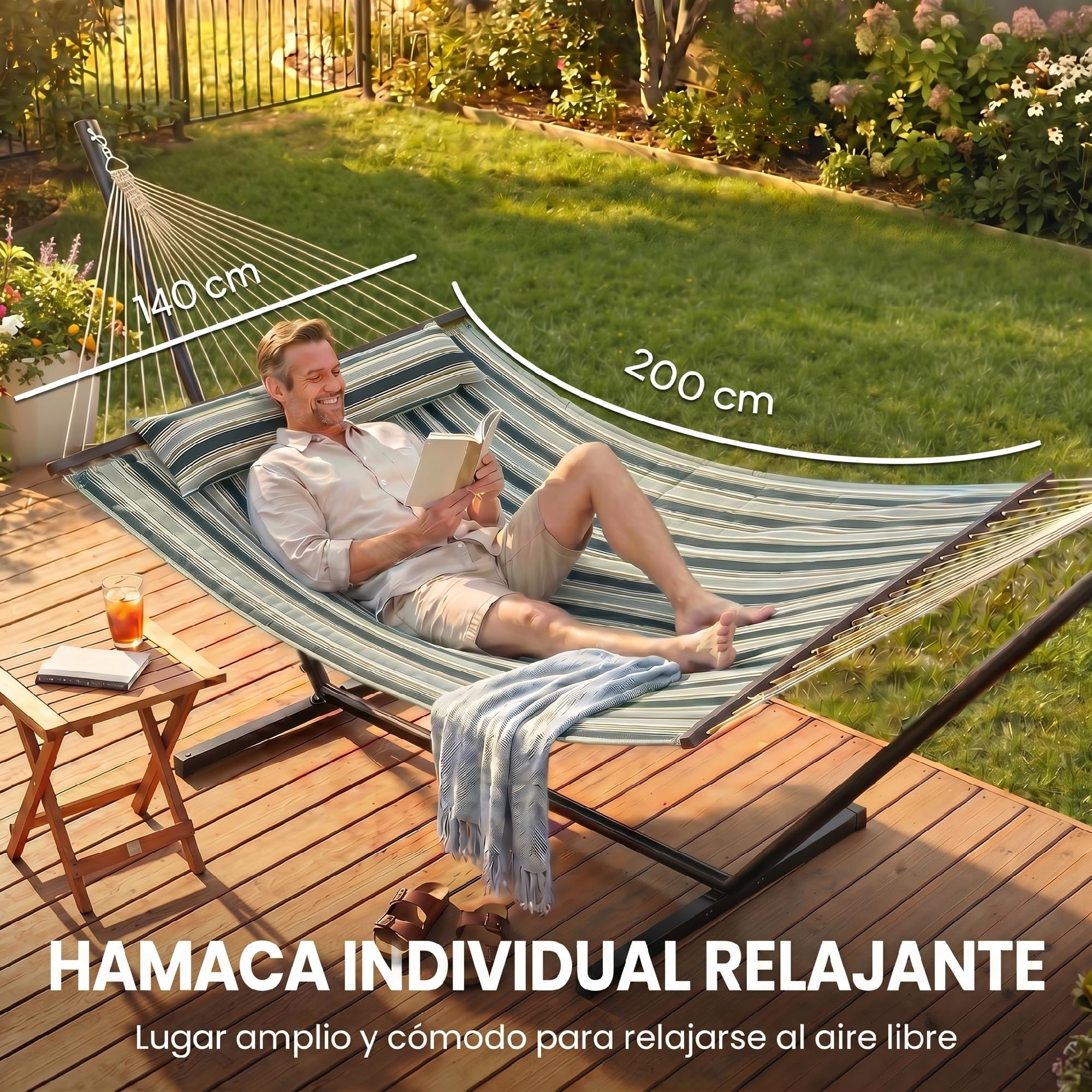 Outsunny Hamaca con Soporte, Hamaca de Jardín Portátil con Almohada Desmontable, Barras Separadoras, Marco de Acero, Carga 120 kg, para Patio, Terraza, Diseño Rayas, 353x94x115 cm, Verde