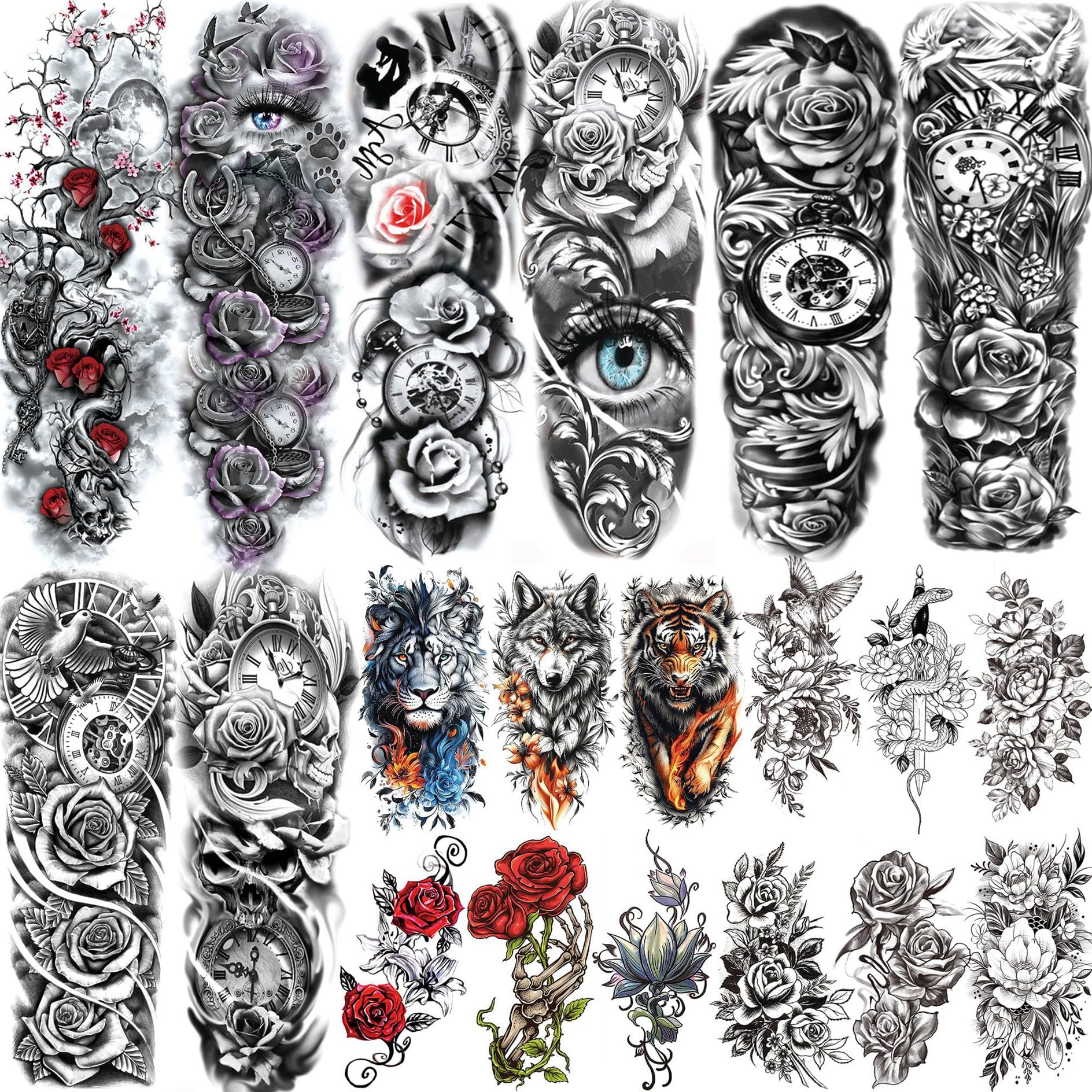 20 Sheets Large Full Arm Temporary Tattoos for Women Girls Thigh Rose Flower Tribal Eye Compass Clock Fake Tattoo Sleeve for Adults Long Lasting Peony Florals Peace Dove Black Tattoo Stickers
