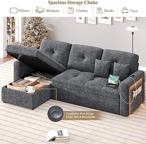 Miniatura 6 de HIFIT Sofá cama modular LED con sofá cama extraíble, sofá convertible en forma de L con diván de almacenamiento, respaldo ajustable y USB, cómodo