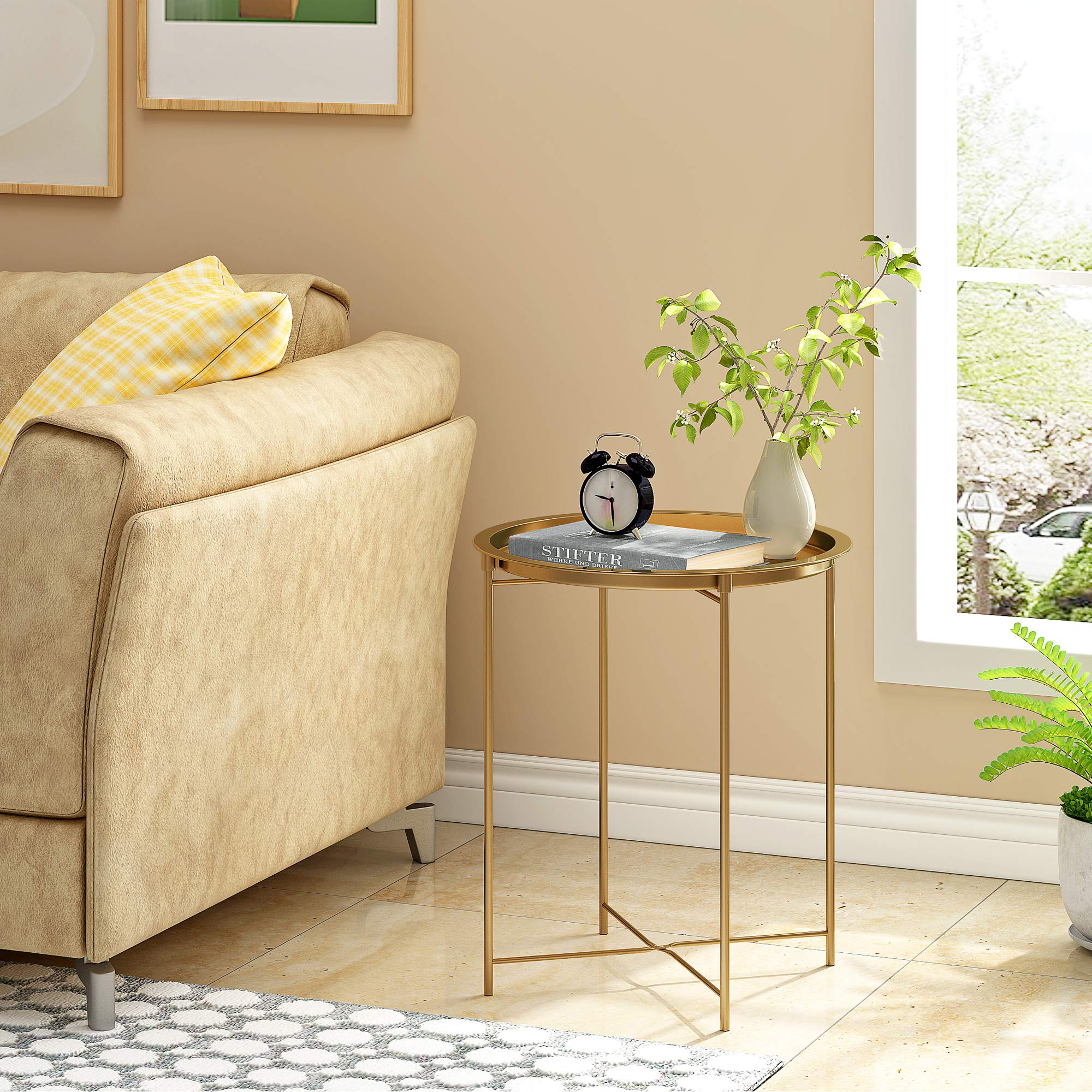 HOME BI Tray Metal End Table, Round Side Table, Nightstand/Sofa Table for Living Room, Bedroom (Gold)