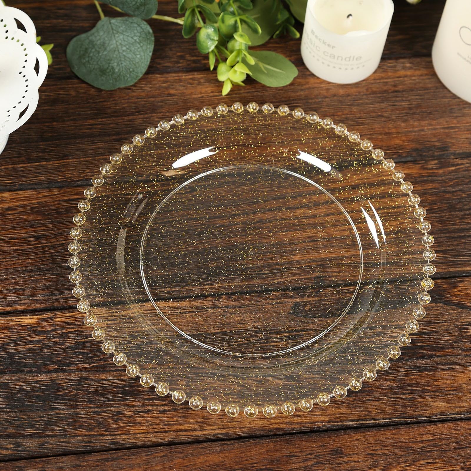 Efavormart 10 Pack Plastic Dessert Appetizer Plates in Clear Gold Glittered with Beaded Rim, Disposable Round Salad Party Plates 8"