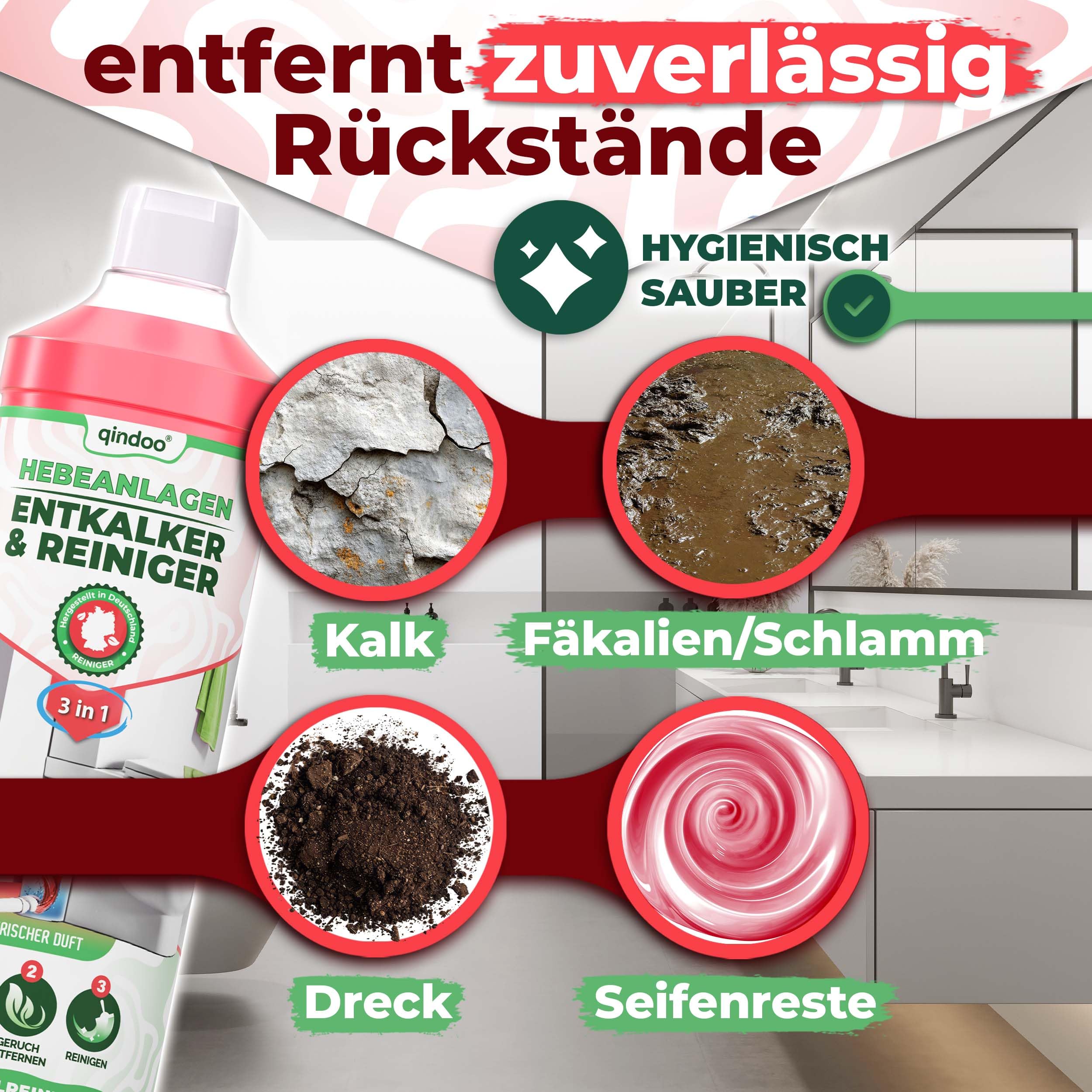 5L Reiniger Hebeanlagen Entkalker, 3 in 1 Reinigungsmittel Qindoo Entkalken Reinigen Geruch entfernen (5 Liter)