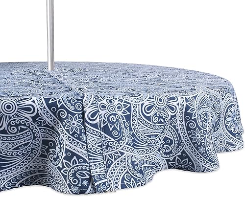 DII Colección de mesa para exteriores, resistente a las manchas y al agua, 60" redonda con cremallera, cachemira azul