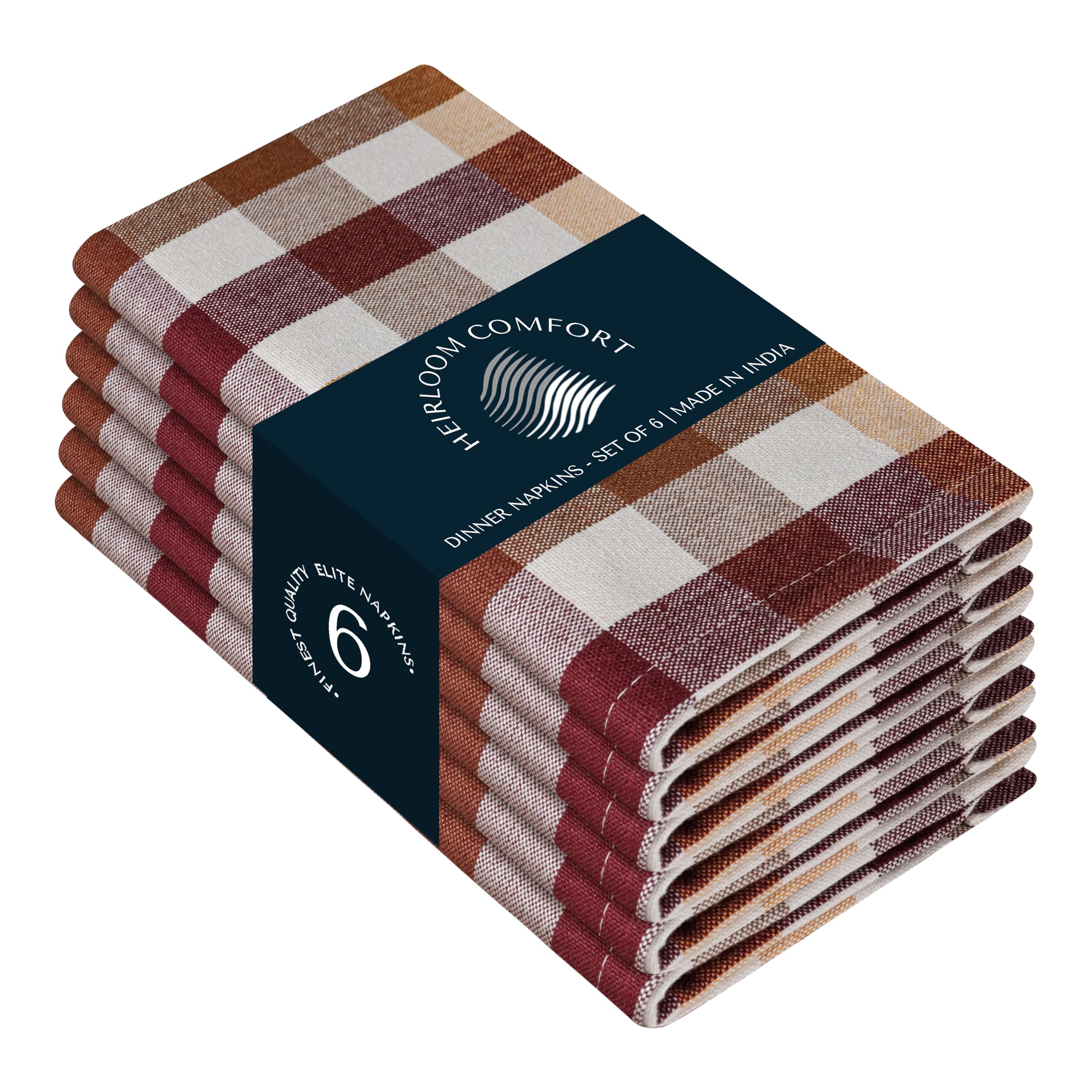 HEIRLOOM COMFORT Gingham Check Reusable Cloth Napkins, 6 Pack, 45x45 cm, Multicolor, Cotton Fabric, Hotel Quality & Soft Table Napkins for Dinner, Holiday Parties, Dining - Burgundy, Brown, Yellow