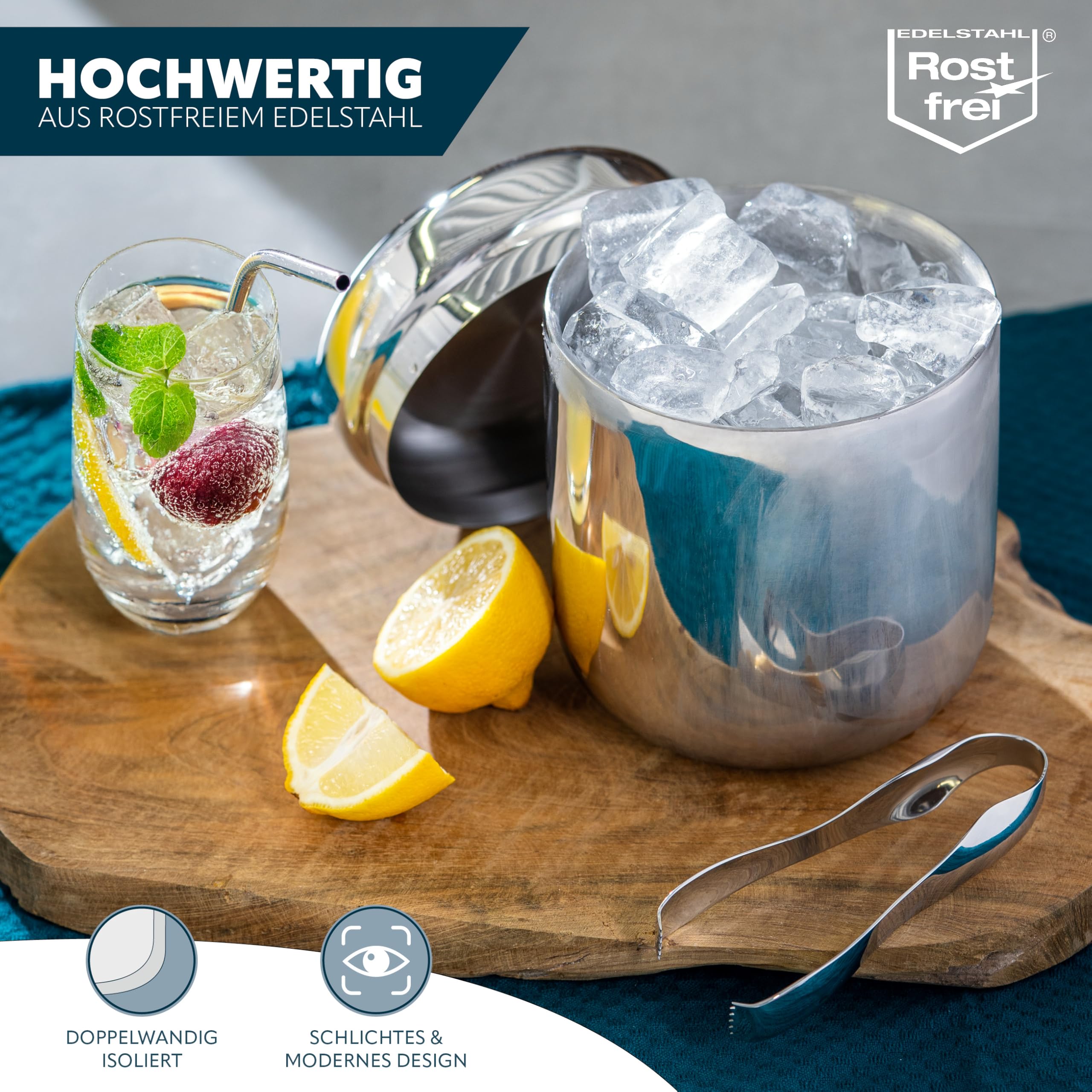 bremermann Eiswürfelbehälter mit Zange, Edelstahl-Eiskübel mit Deckel 1,5l, rund