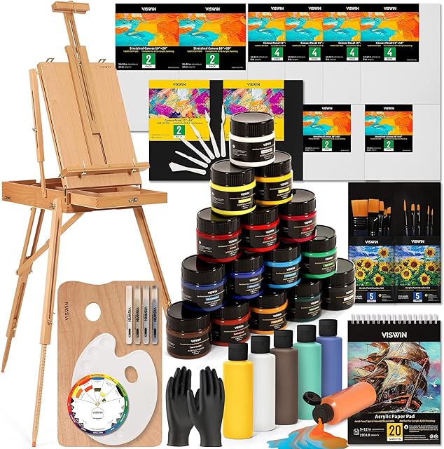 VISWIN Deluxe Acrylic Painting Set, Art Painting Kit with Upgraded French Easel, 15 Colors Acrylic Paints(3.38fl.oz/100ml), 8 Colors Pouring Paint Set(4fl.oz/120ml), for Adults, Beginners, and Artists