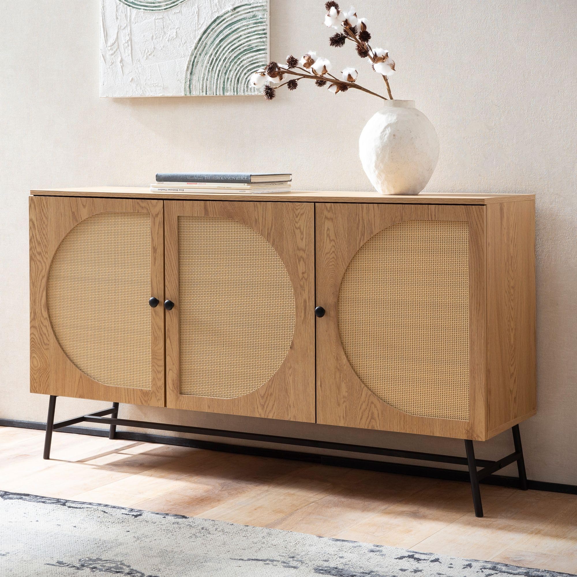 FineBuy Sideboard 140x39x80 cm Eiche-Dekor Rattan mit 3 Türen