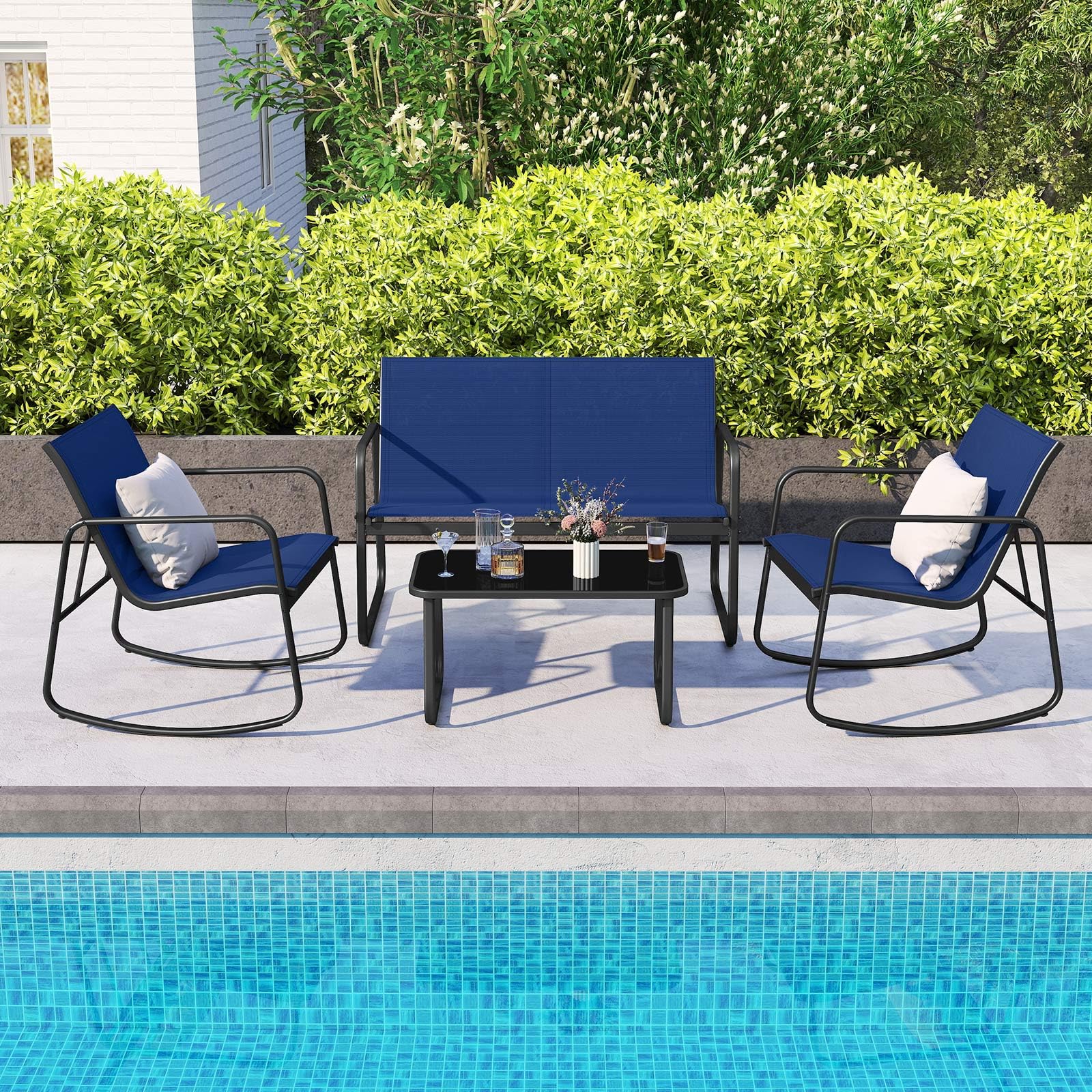 GIANTEX Set di 4 mobili da giardino con tavolino da salotto e panca da giardino e 2 sedie a dondolo, mobili da balcone in textilene con delicato movimento a dondolo (Blu)