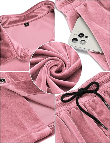 Miniatura 5 de LecGee Conjuntos de Pantalones Cortos Casuales de Verano para Hombres Camisa de Terciopelo de Manga Corta con Botones Pantalones Cortos de Cintura