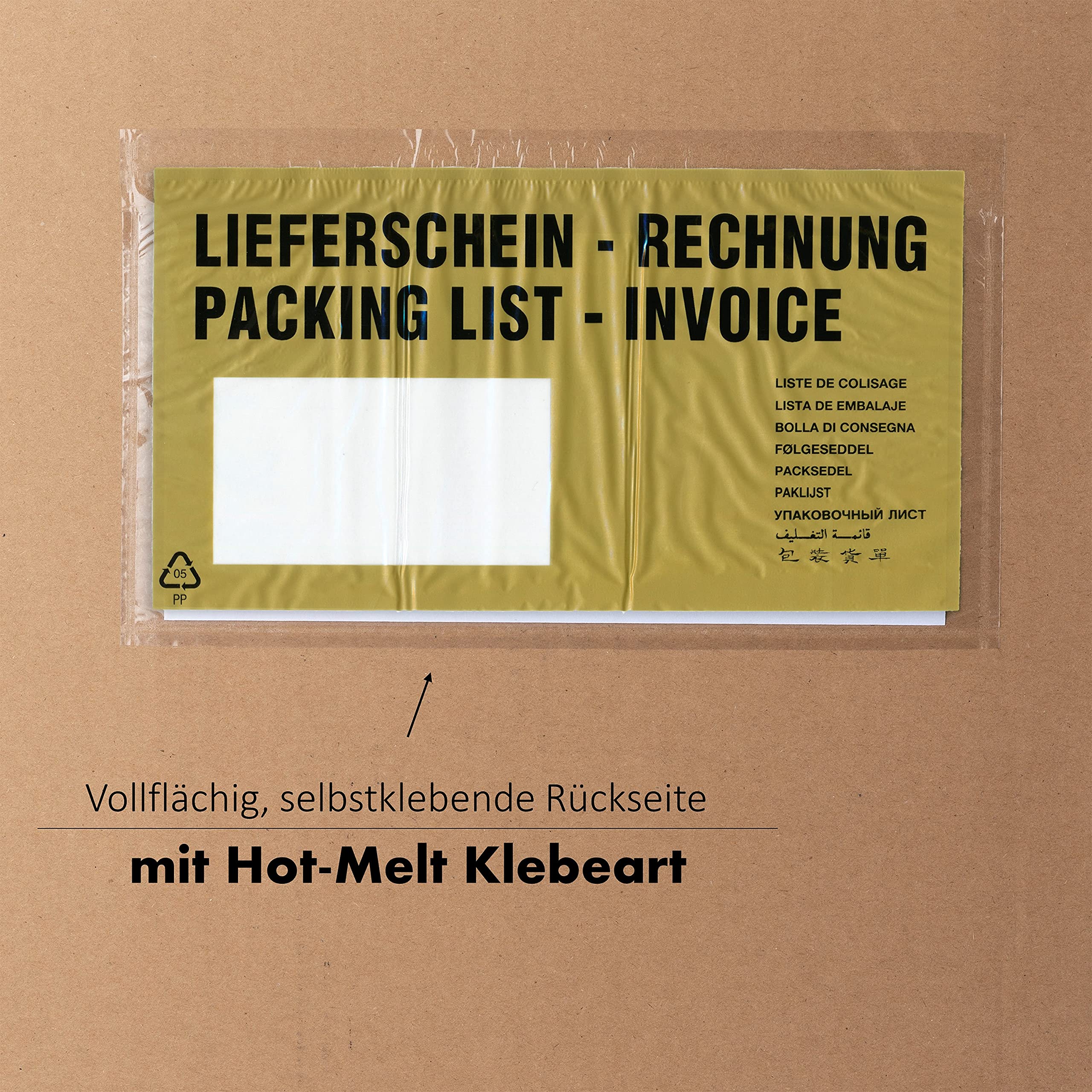 1.000 x Lieferscheintaschen 225 x 120 mm in DIN-LANG Gold "Lieferschein/Rechnung" inkl. 125 Page-Marker in 5 Farben - Dokumenten-Taschen selbstklebend - Begleitpapiertaschen für Versand