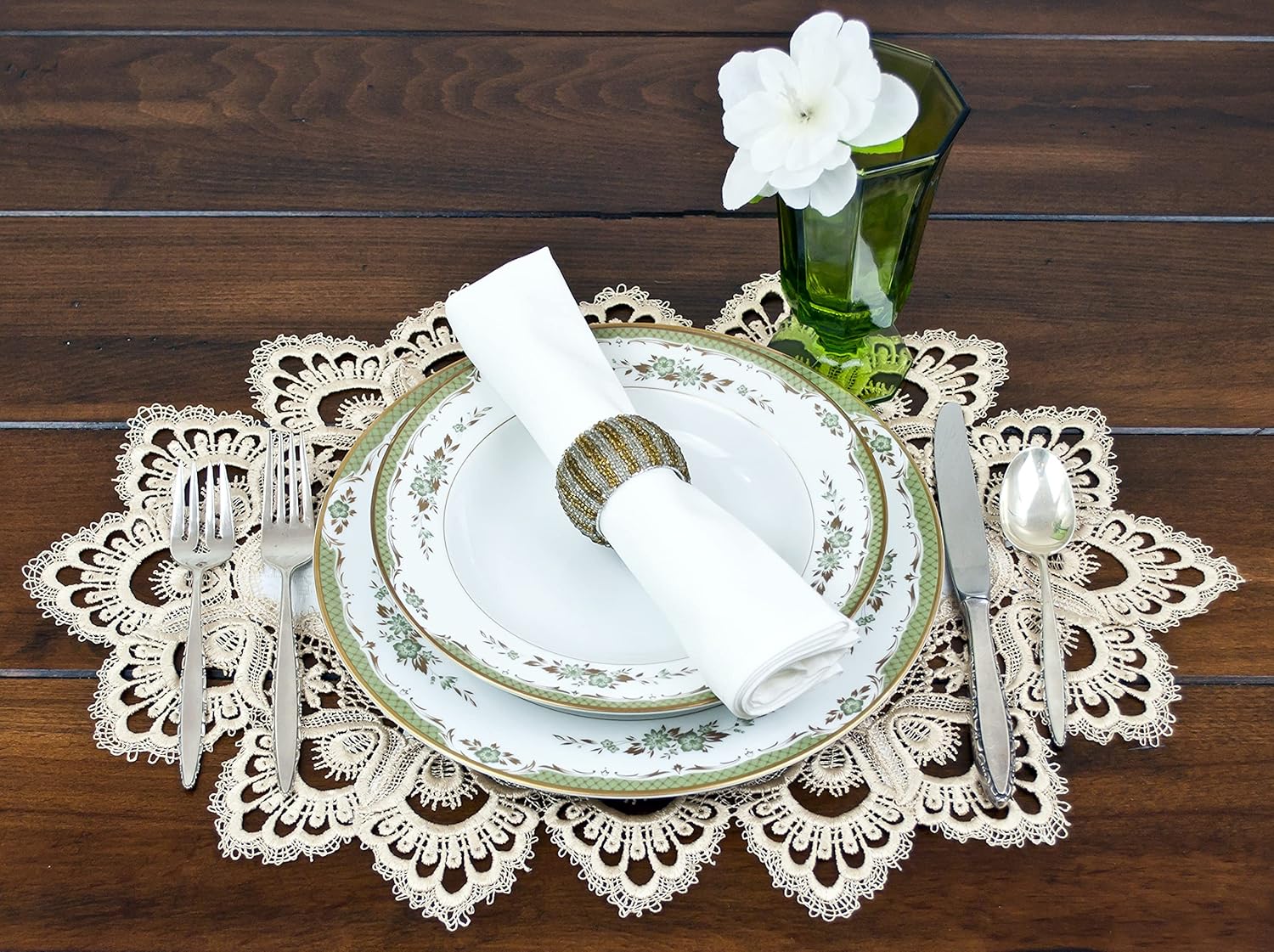 Gold and Ivory Jacquard European Peacock Lace Placemat, Dresser Scarf, Doily (14Wx21L) (Pack of 2)