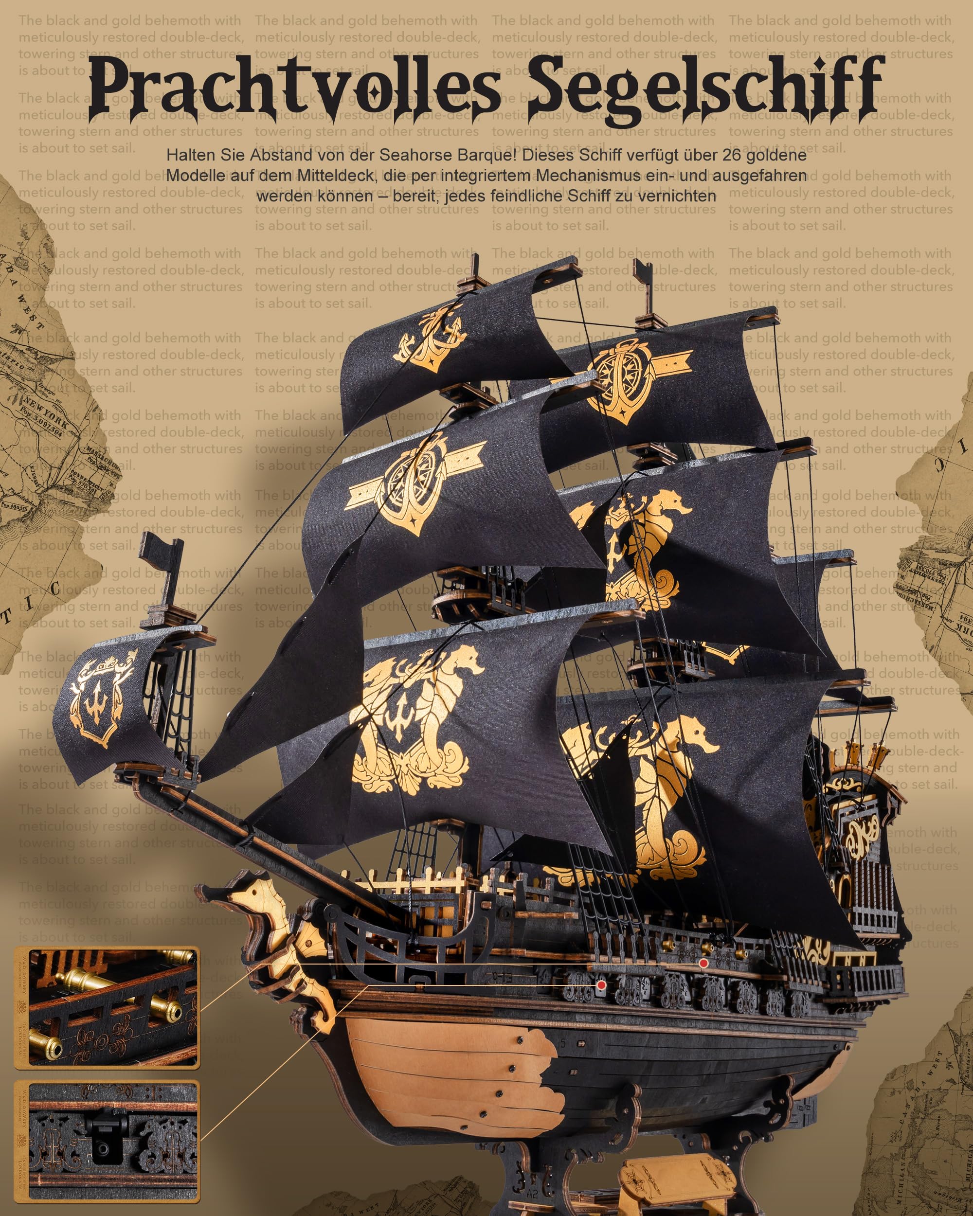 ROBOTIME 3D Holzpuzzle Segelschiff Bausatz – Seahorse Barque Modellschiff zum Selberbauen, 603 Teile DIY Holzbausatz für Erwachsene & Jugendliche, Vintage Deko & Geschenk, MCB02