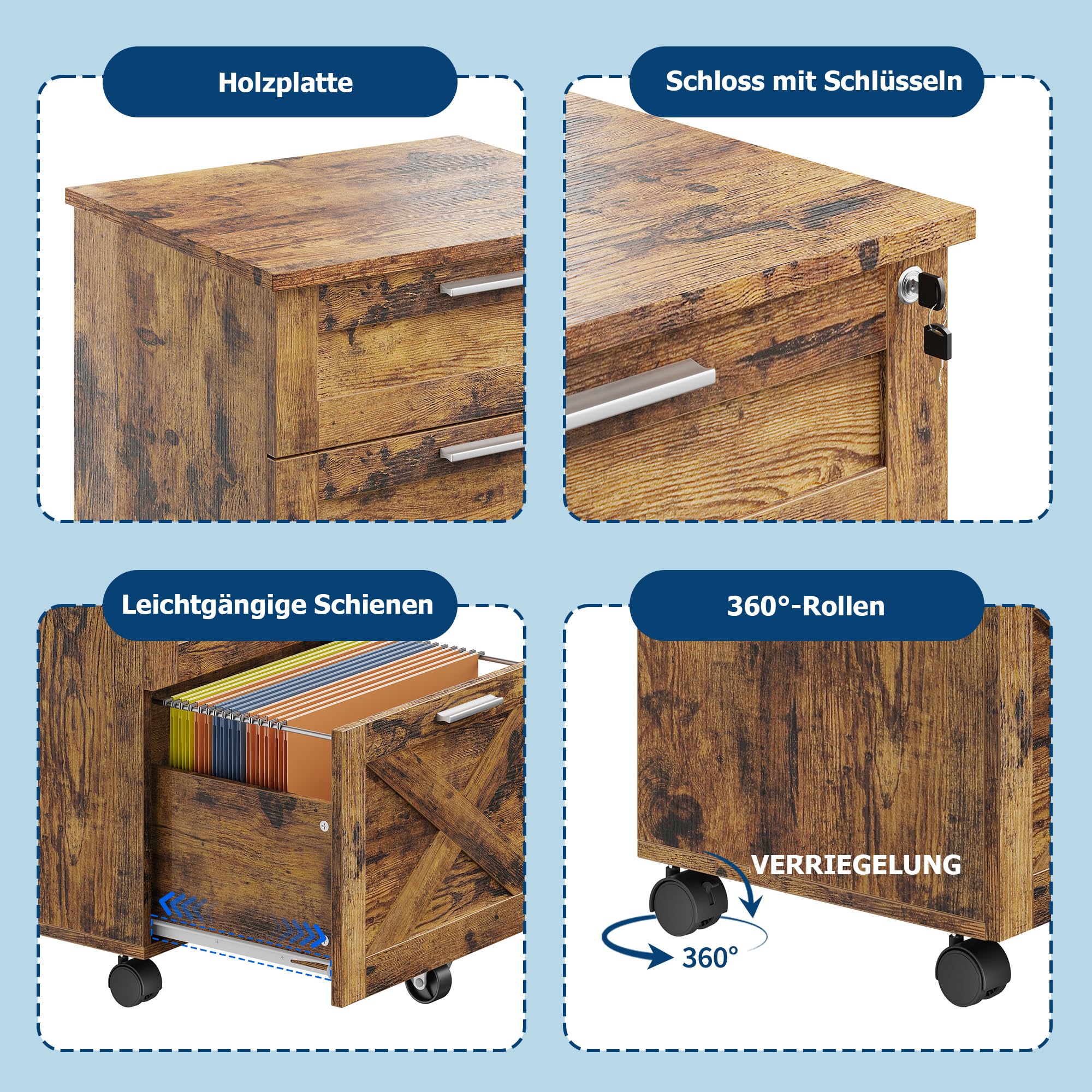 Garvee Aktenschrank,Rollcontainer,Büroschrank,mit 3 Schubladen,Abschließbar,Büro-Aktenschrank mit Hängeregisterfach - 48 x 40 x 68 cm,Rustikales Braun