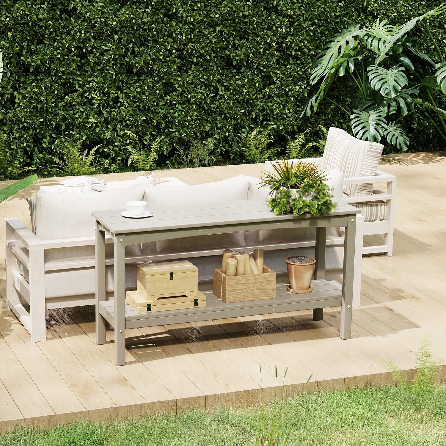 Costaelm Adirondack Outdoor Side Table, 55” HDPE Small Outside Table with Storage Shelf, Weather Resistant Outdoor Plant Shelf, Porch Table and Outdoor Table for Pool & Yard, Sand