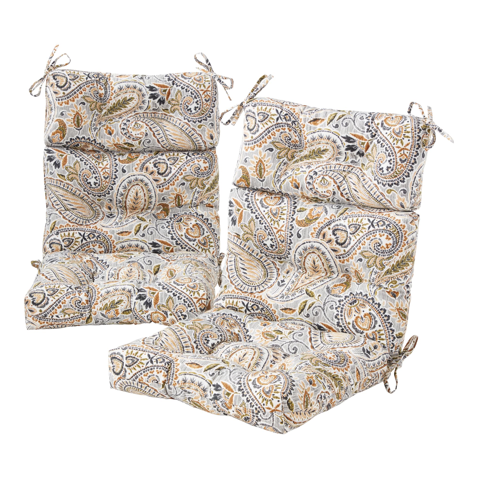 Photo 1 of Outdoor Tufted High-Back Chair Cushions, One-Piece Hinged Seat and Back Design, Reversible with 4 Ties, Durable Polyester Fabric, Recycled Fiber Fill - Set of 2, Arctic Paisley