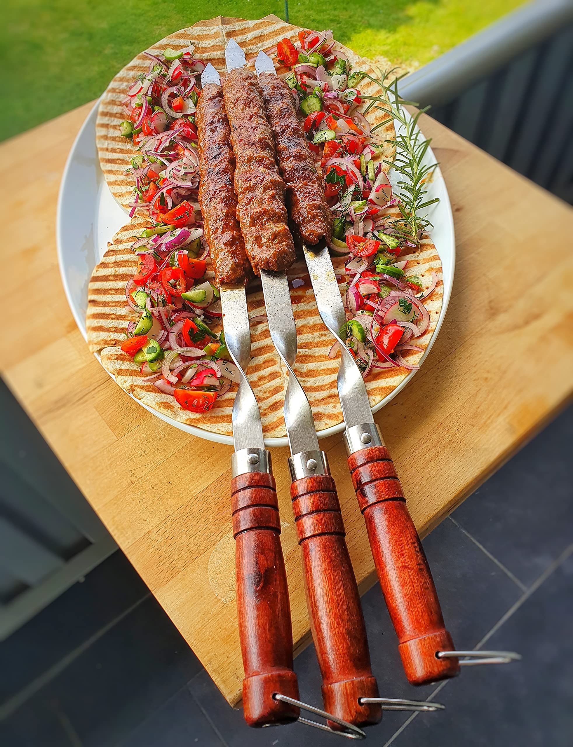 6 Edelstahl Grill-Spiesse mit Holzgriff - 60cm lang / 2cm breit / 2mm Stark - Lula Lulu Kebab Adana Tschelo Köfte