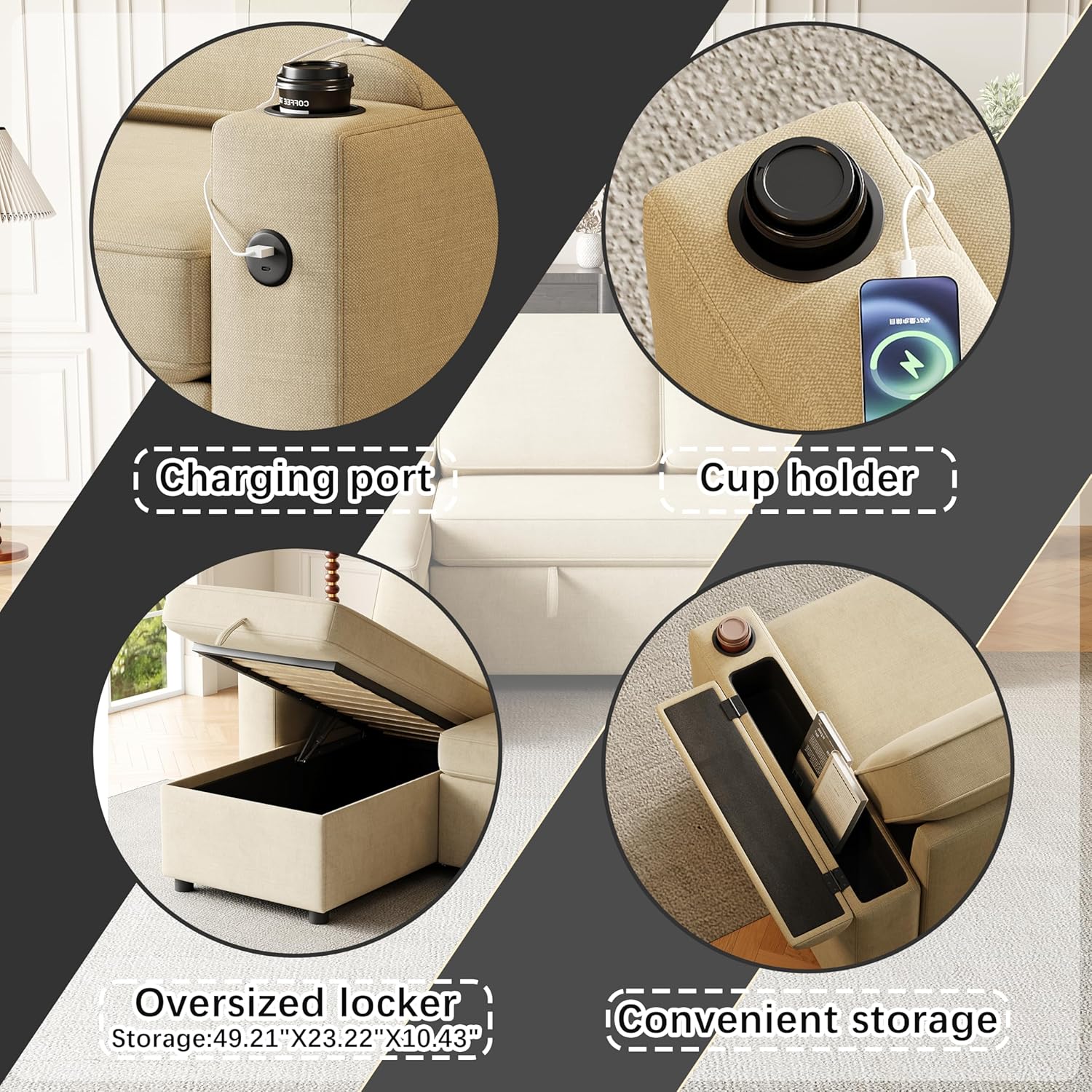 86" Sleeper Sofa Bed, L-Shaped Sofa Bed with Storage Chaise, USB Charging Ports and Cup Holders, Reversible 2 in 1 Pull Out Couch for Living Room, Beige