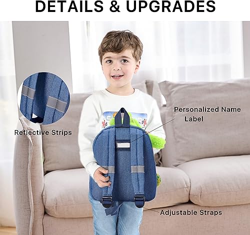 Miniatura 4 de IKASA Mochila para niños pequeños con juguete de peluche, bolsa de viaje preescolar para niñas pequeñas de 3, 4, 5, 6, 7 años, Azul (Dinosaur Blue)