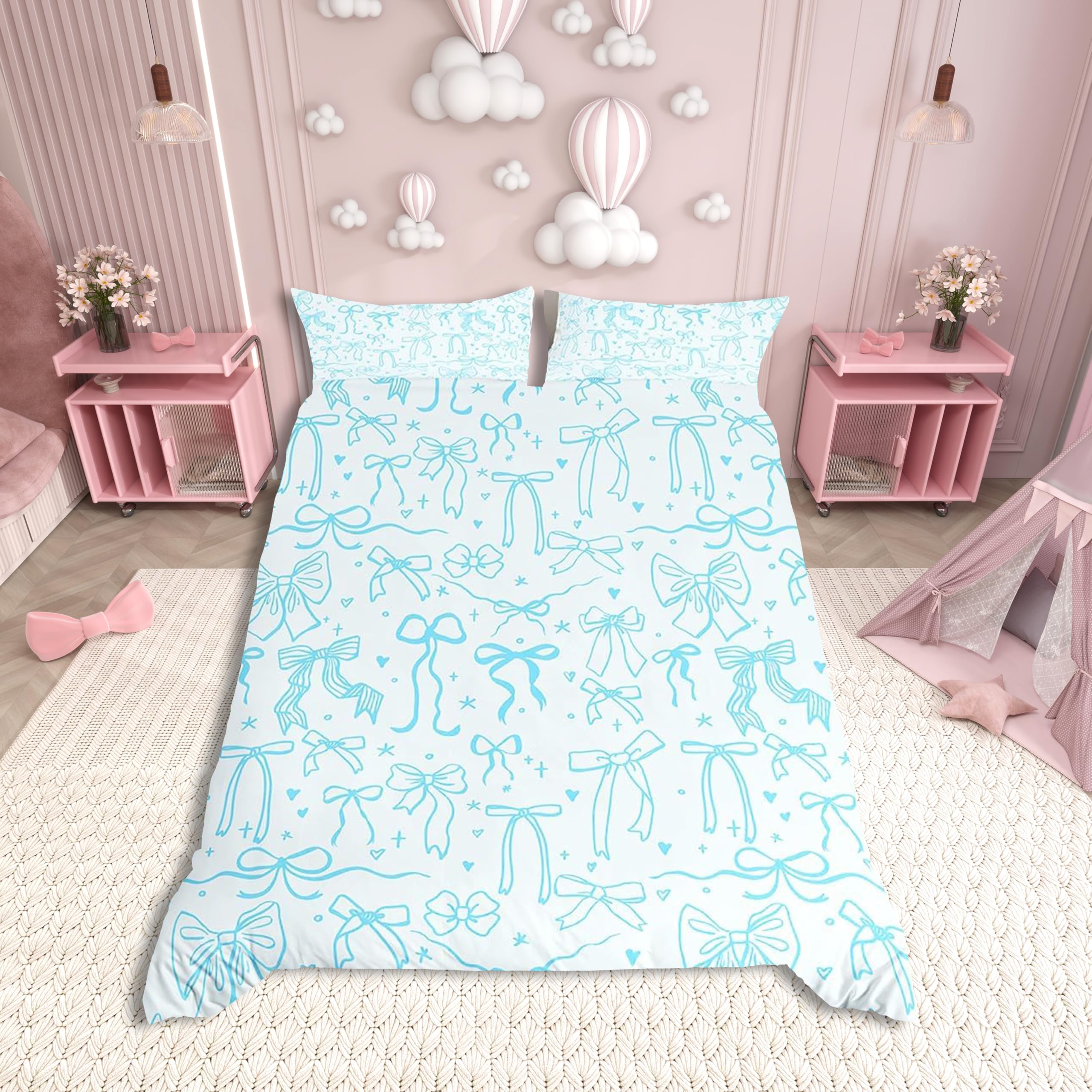 Blue Bowknot Kids Bedding Set Single,Cartoon Bow Tie Butterfly Knot Duvet Cover Set Princess Girls Comforter Cover for Teens Girls Woman Room Decor,Bow Stars Love Sweet Style Quilt Cover 2Pcs