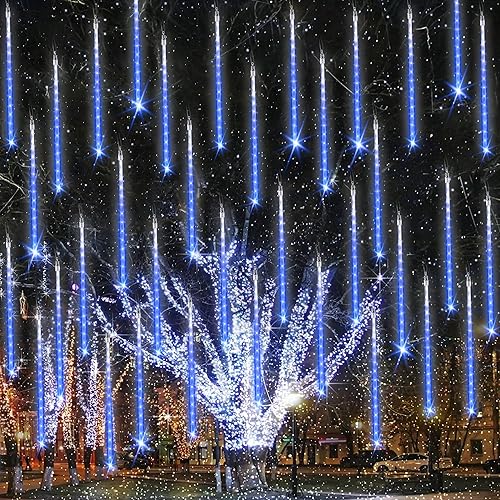 Miniatura 14 de iBaycon Luces de lluvia de meteoritos, carámbanos en cascada o gotas de lluvia, impermeables, de exteriores, conectables, temporizador, decoración