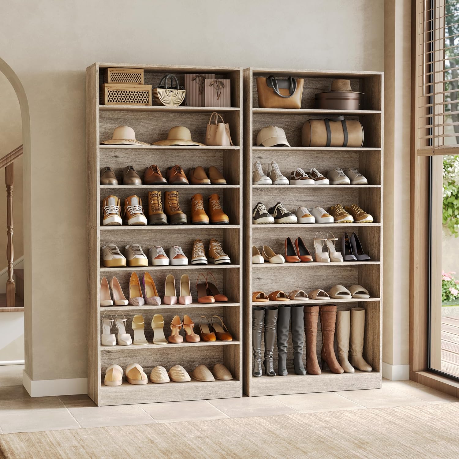 LITTLE TREE 9 Tiers Tall Shoe Cabinet with Open Storage Shelf for Entryway,40-45 Pairs Wood Freestanding Shoes Storage Cabinets,Beige Gray