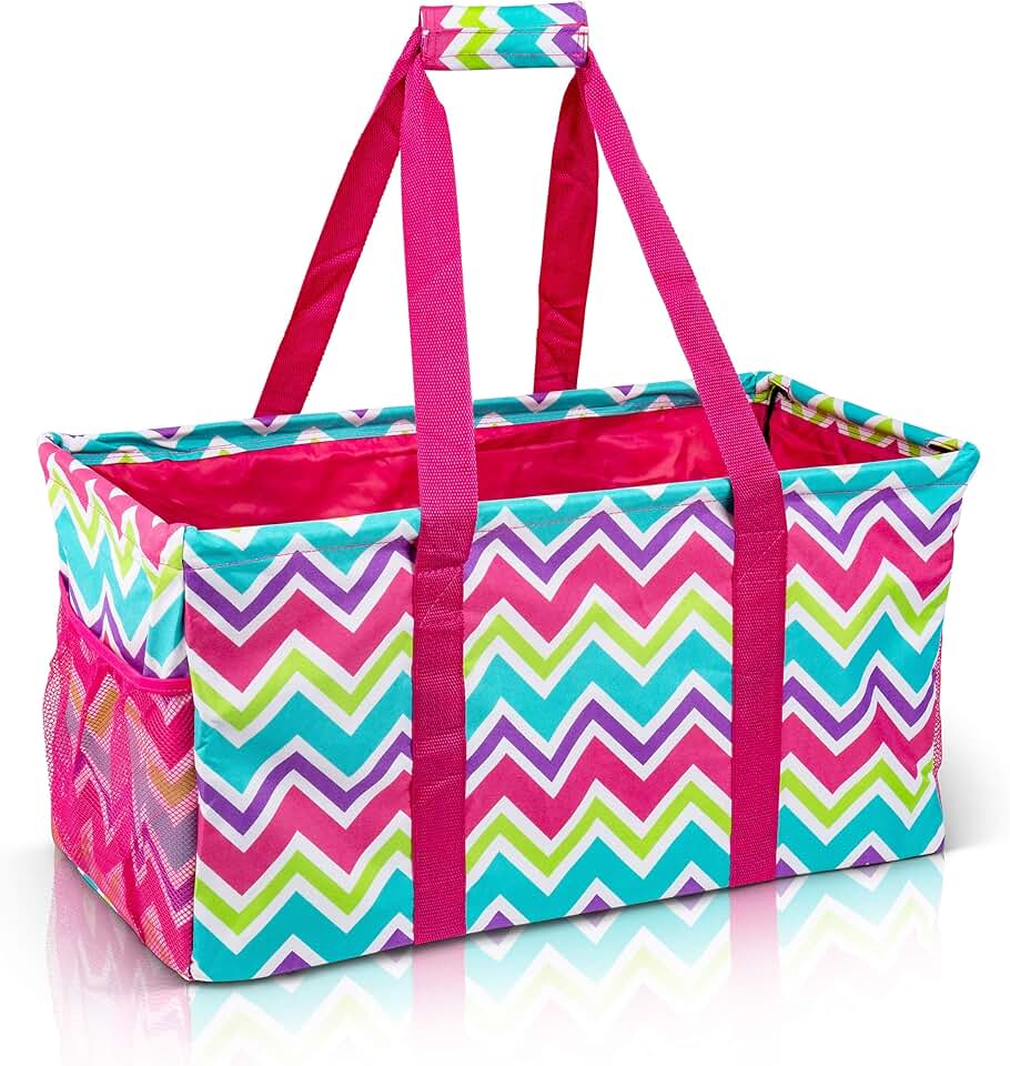 Lucazzi Lucazzi Extra Large Utility Tote Bag - Oversized Collapsible Reusable Wire Frame Rectangular Canvas Basket With Two Exterior Pockets For Beach, Pool, Laundry, Car Trunk, Storage - Chevron Multi