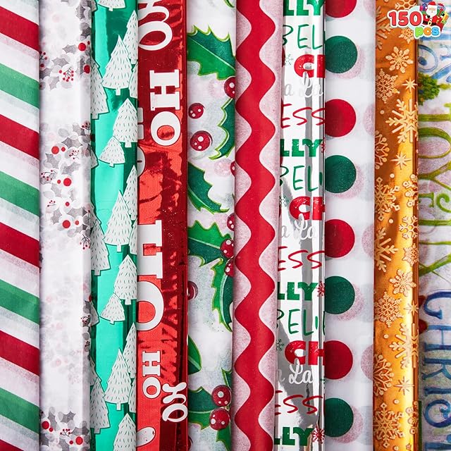 JOYIN Holiday Tissue Paper Assortment (Ten Colors), 150-Piece Set Christmas Design Solid, Holiday Holographic and Printed Gift Tissue Paper Assortment (20" x 20" inches)