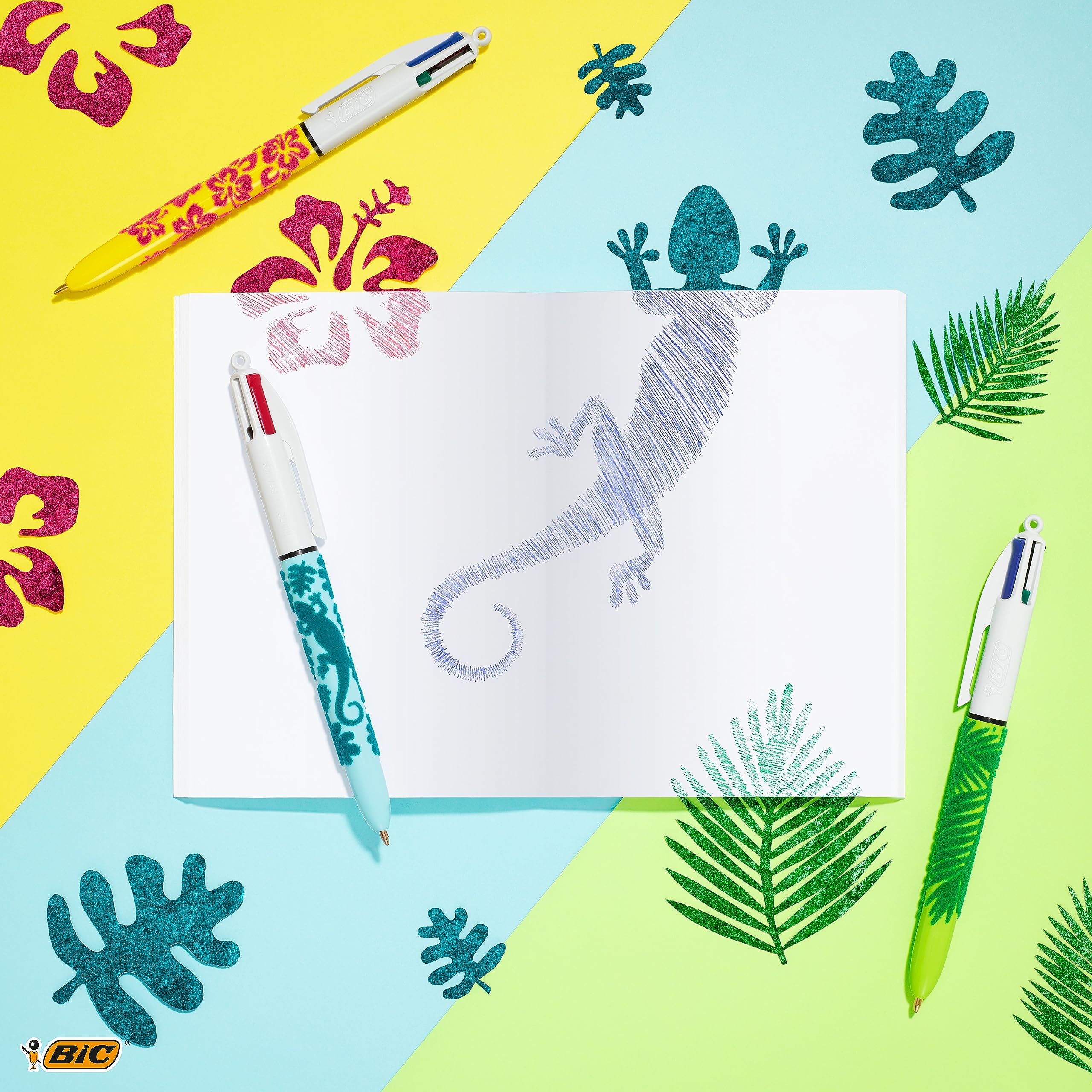 BIC 4 Couleurs Velours - Stylos-Bille Pointe Moyenne (1,0 mm) - Corps Assortis Motifs Jungle, Fleurs et Gecko, Tubo de 30