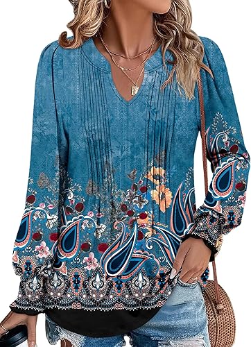 BETTE BOUTIK Long Sleeve Shirts for Women Fall Tops Dressy Blouses Pleated V Neck Tunic Tops for Leggings S-3XL