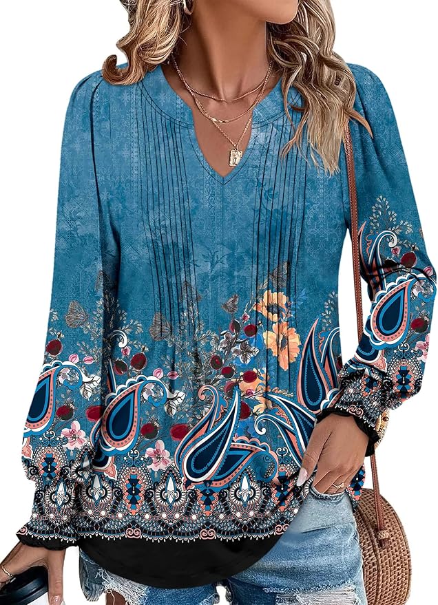 BETTE BOUTIK Long Sleeve Shirts for Women Fall Tops Dressy Blouses Pleated V Neck Tunic Tops for Leggings S-3XL