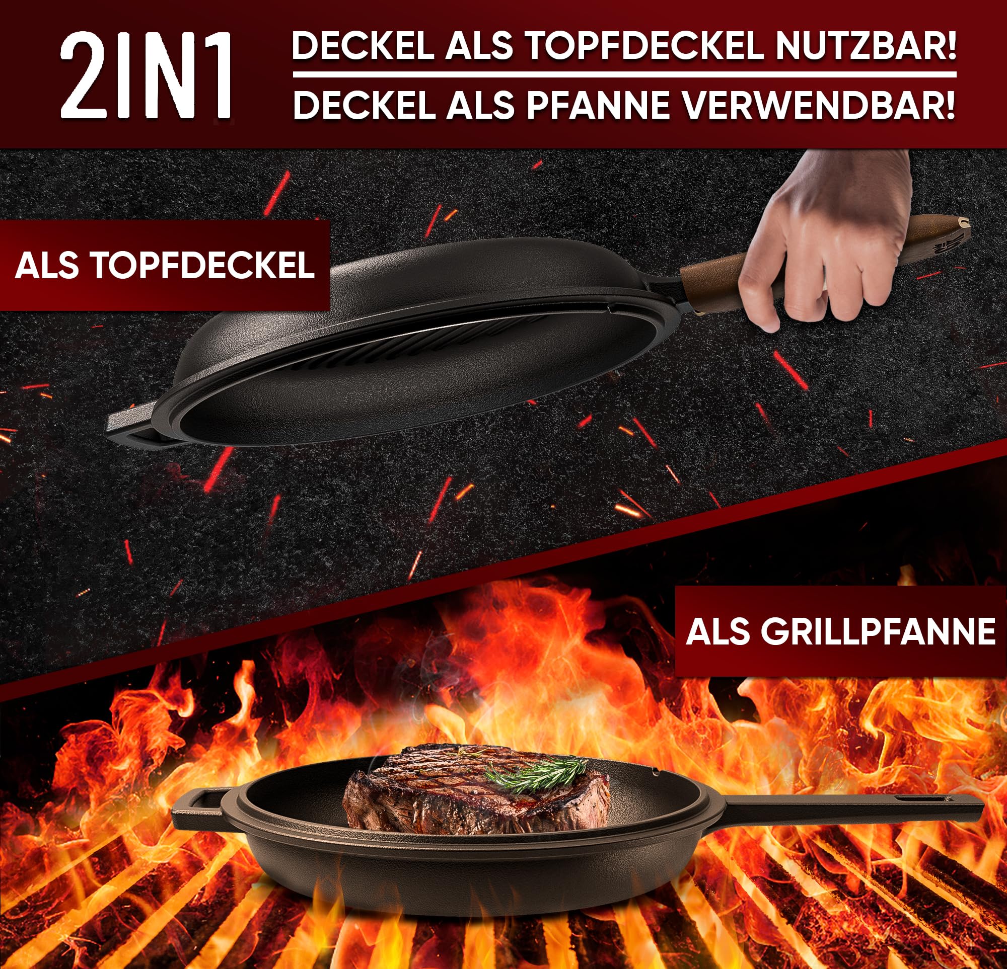 GUSSKÖNIG Dutch Oven - 2 in 1 Eingebrannter Gusseisen Topf 3L & Gusspfanne 1,5L - Cast Iron Pot mit Schmortopf Doppelfunktion - inkl. Kochbuch & Zubehör für BBQ, Camping & Küche - 30 Jahre Garantie