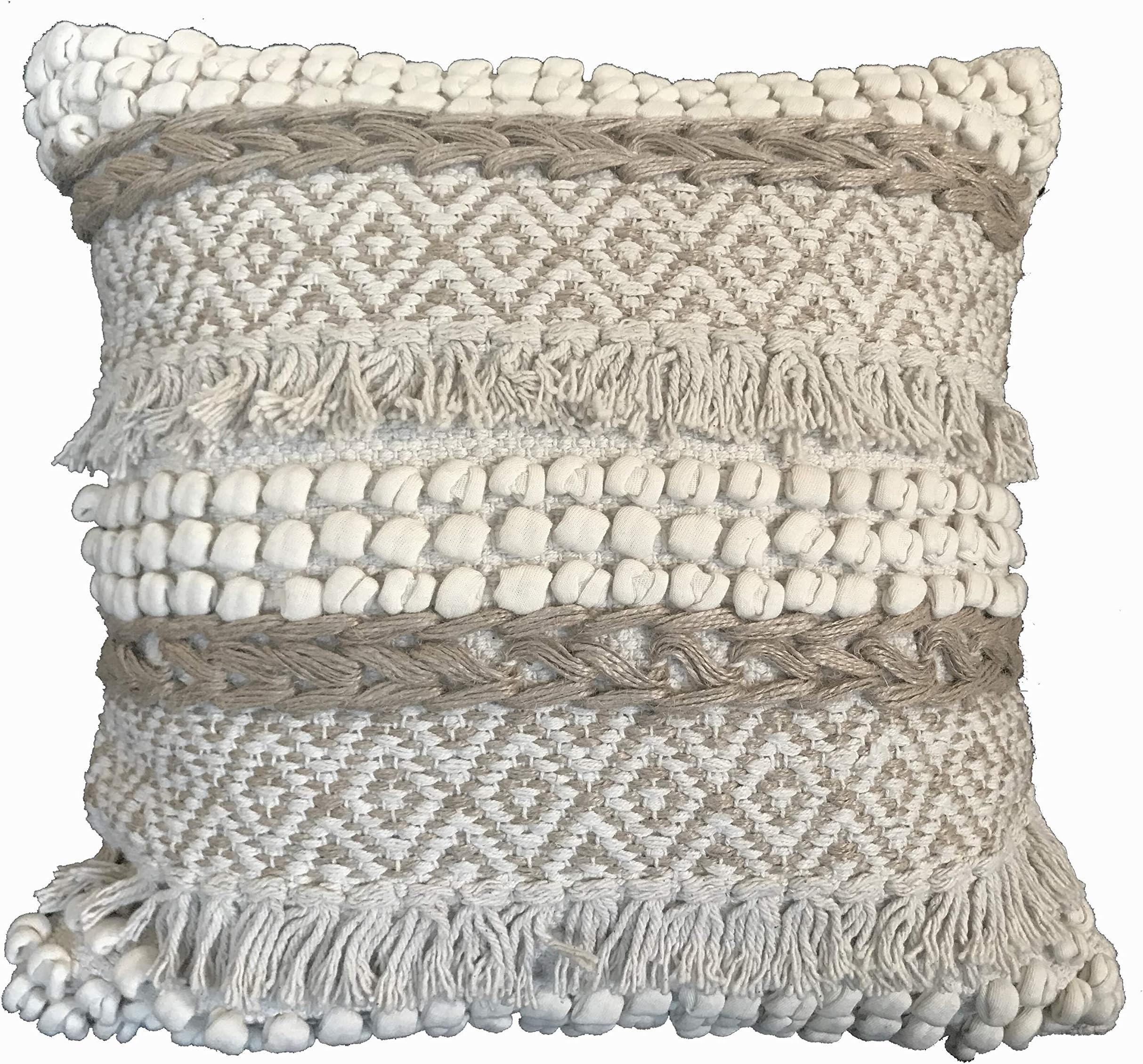 theHOMEmind Boho Throw Pillow Cover | Decorative Bohemian Woven Fringe Pillow | Ivory Neutral Soft Handwoven Bohemian Jute Pillow | Boho Accent Pillow 18x18 inches (Pattern 3)