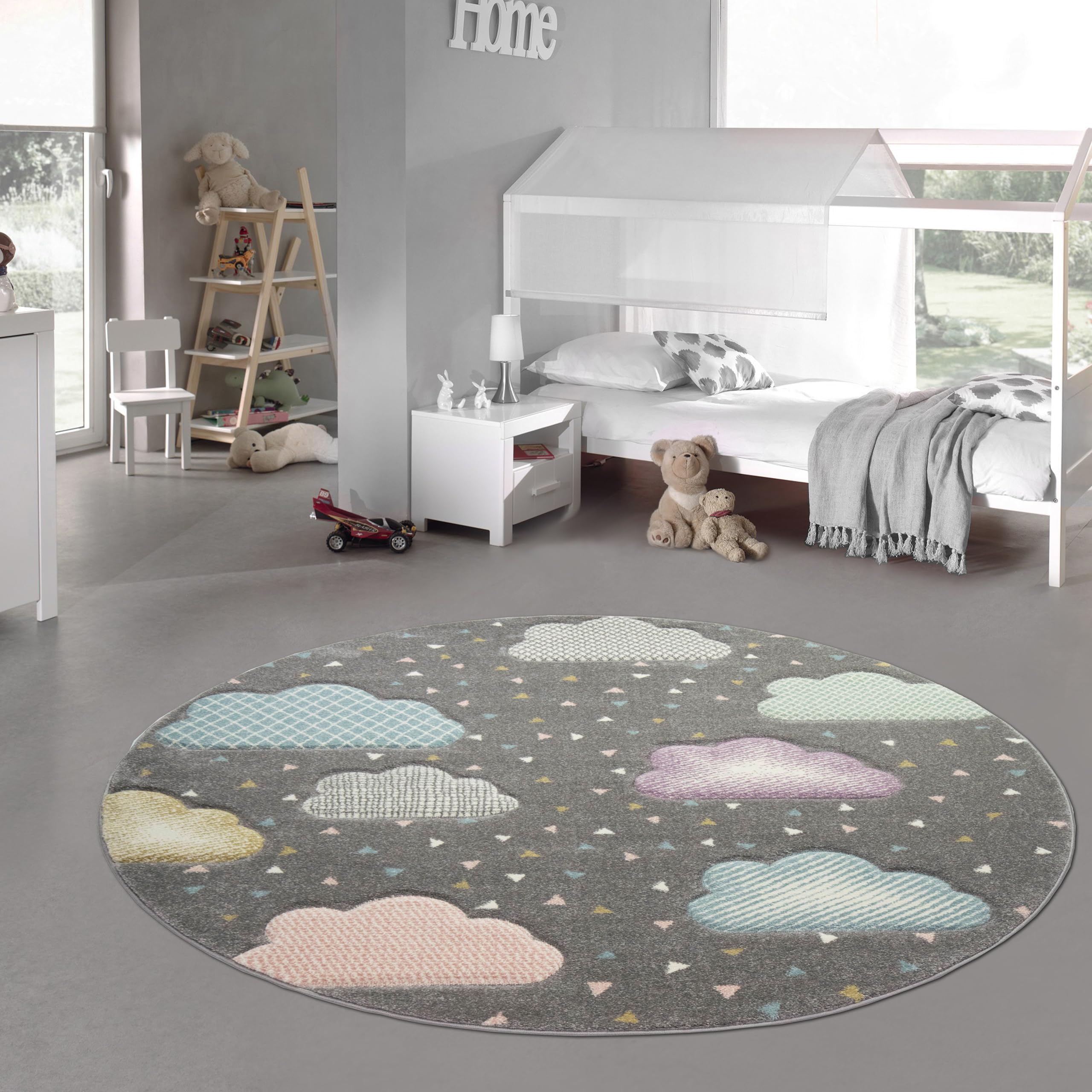 Teppich-Traum Nuage Tapis pour Enfants Tapis de Chambre pour Enfants Gris Bleu Rose Größe 160 cm Rund