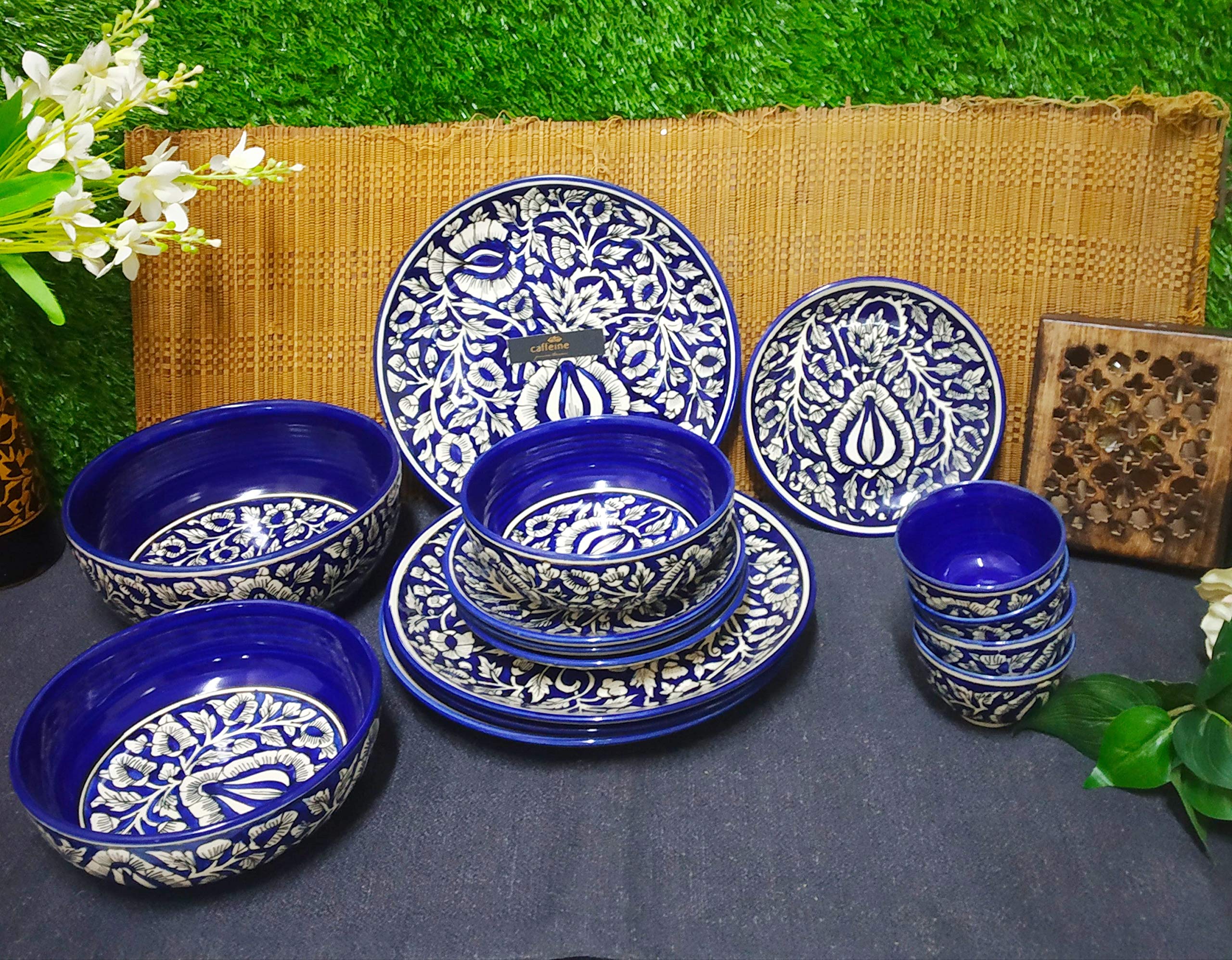 Caffeine Ceramic Handmade Blue Mughal Combo Dinner Set (15 pcs