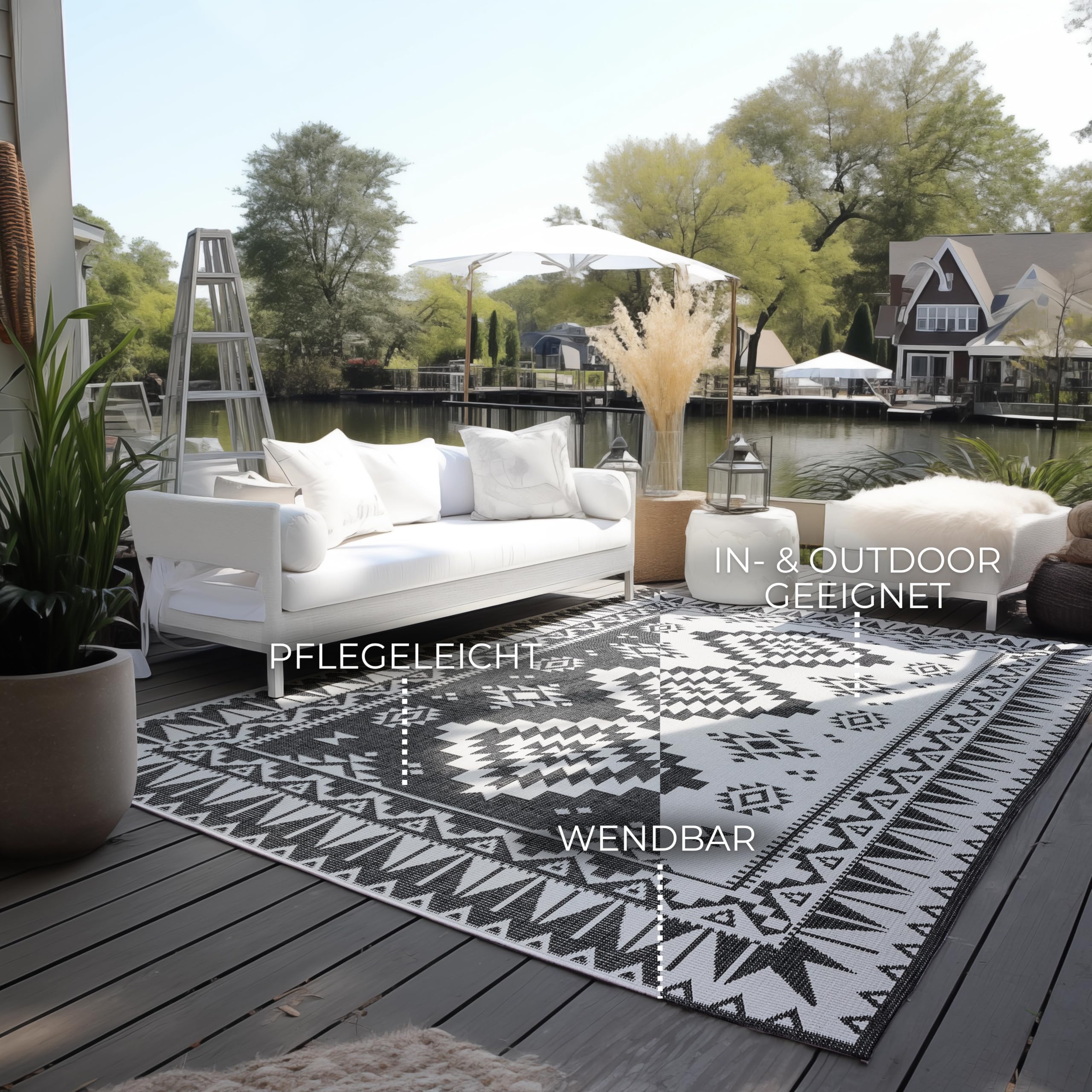 Elle Decoration In und Outdoor Teppich – Wendeteppich Wetterfest & Wasserfest - Modernes Geometrisches Muster Rauten Muster Outdoorteppich für Garten, Balkon, Terrasse, Wohnzimmer – Schwarz, 160x230cm