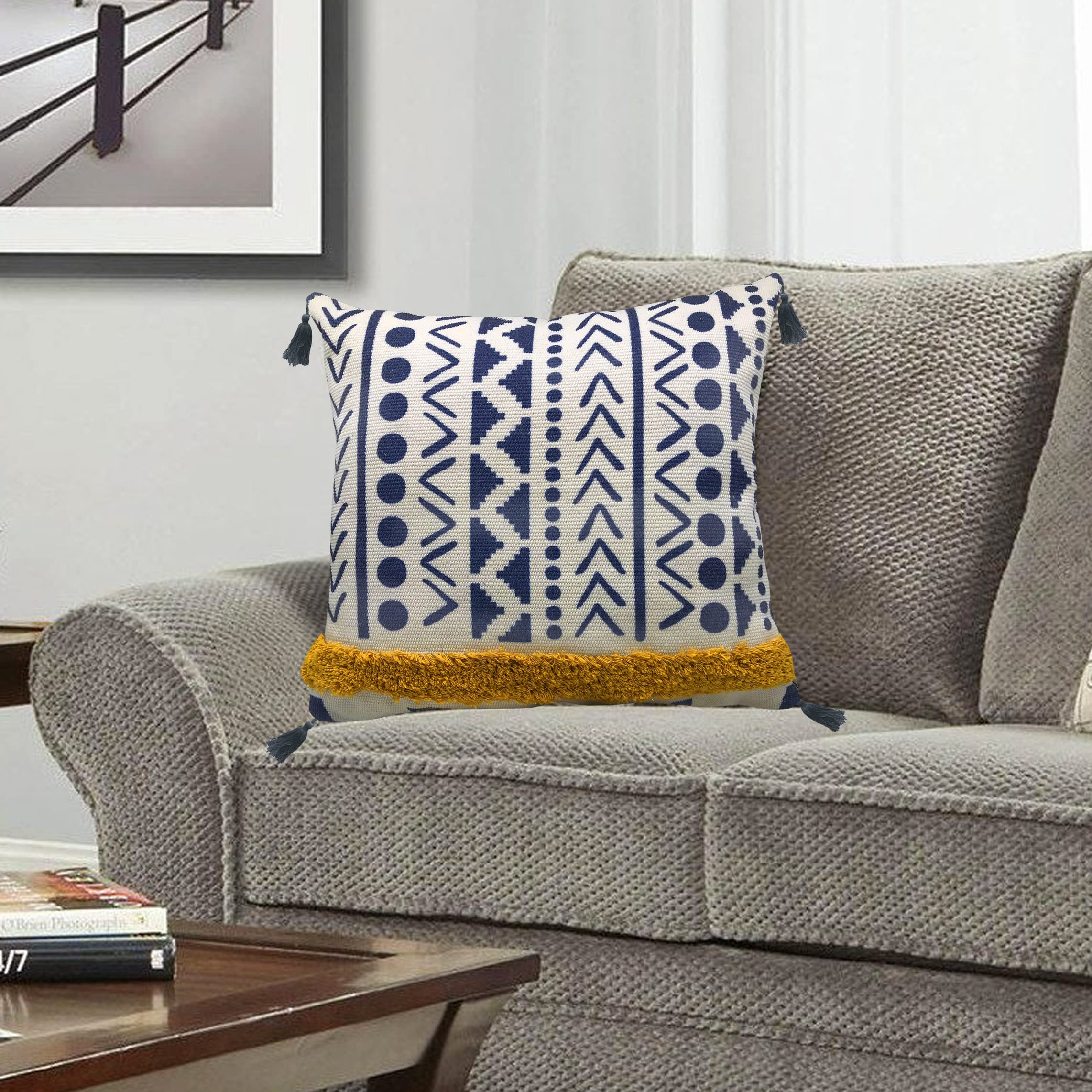 Alysheer Federa decorativa per cuscino bohémien trapuntata con nappe e frange, 45 x 45 cm, in velluto di cotone, reversibile, per divano, soggiorno, camera da letto (blu navy senape)