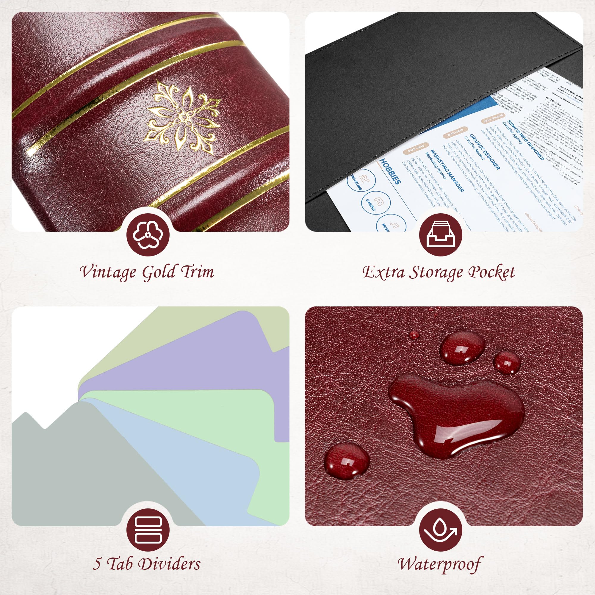 Ospelelf Classeur vintage à 3 anneaux de 5,1 cm, en cuir avec poches et 5 intercalaires, couverture rigide, convient au format lettre pour la maison et le bureau, bordeaux
