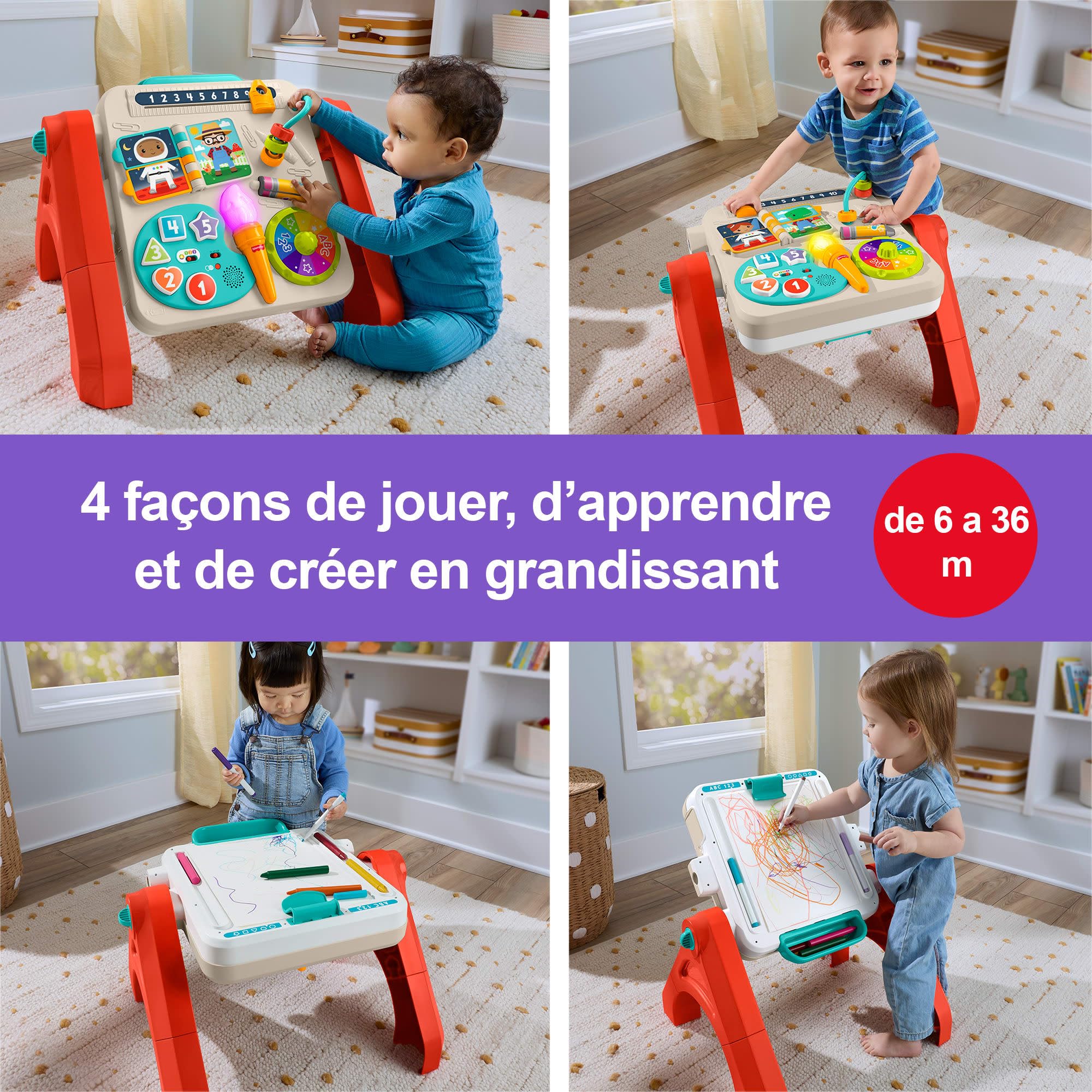 Fisher-Price Jouet d’éveil Musical Table d’activités et Chevalet 4 en 1 Rires et éveil à partir de 6 Mois, Version multilingue, JGW87